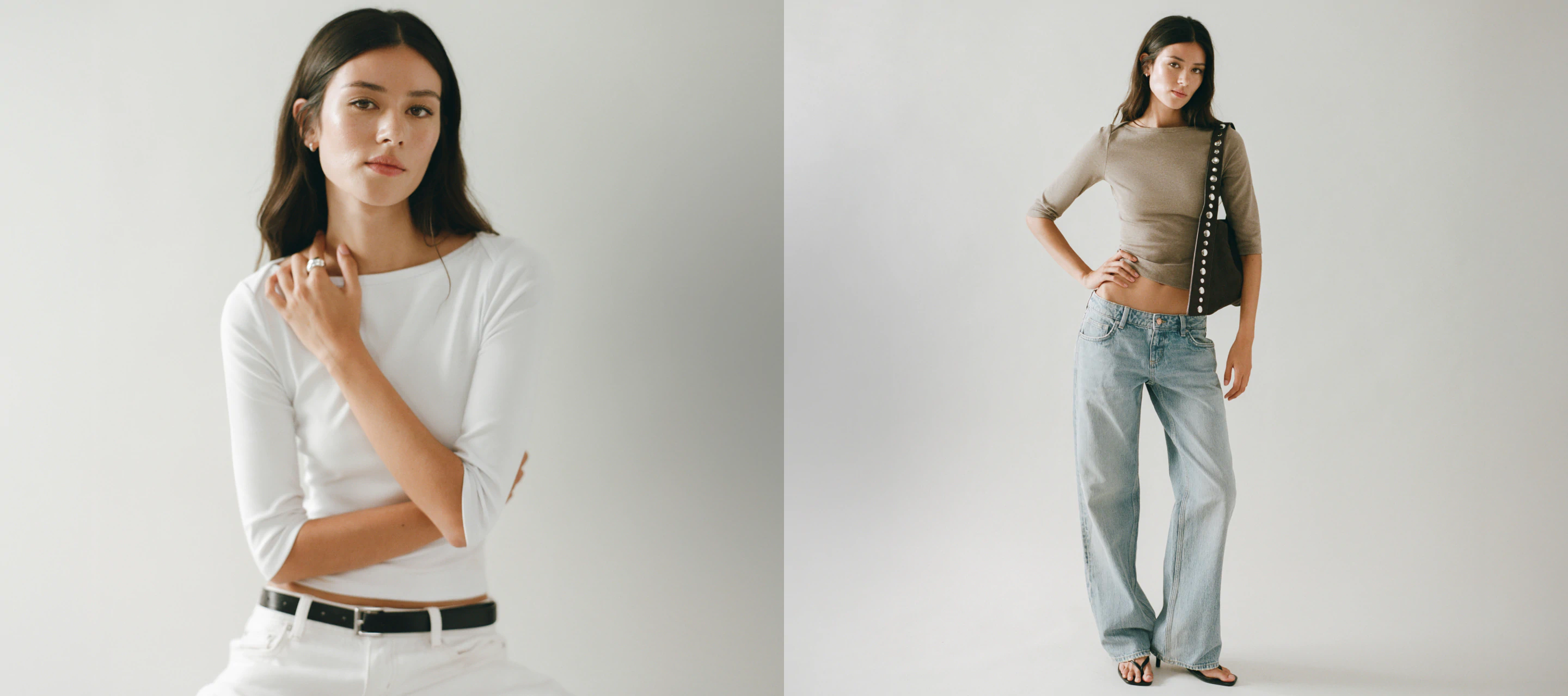 Two women modeling casual outfits against a white background. Left: white long-sleeve top with black belt. Right: beige three-quarter sleeve top, light blue jeans, and black studded bag