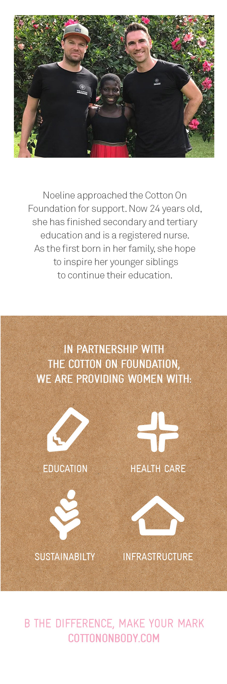 Noeline approached the Cotton On Foundation for support. Now 24 years old, she has finished secondary and tertiary education and is a registered nurse. 