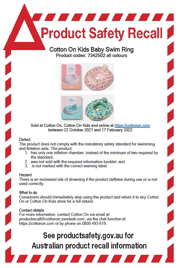 Cotton On Kids Swim Ring product recall