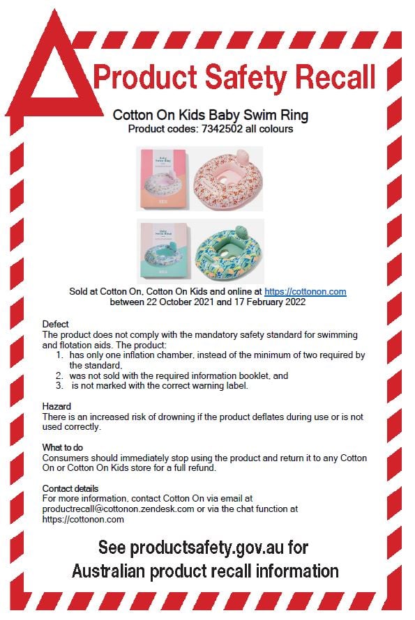 Cotton On Kids Swim Ring product recall