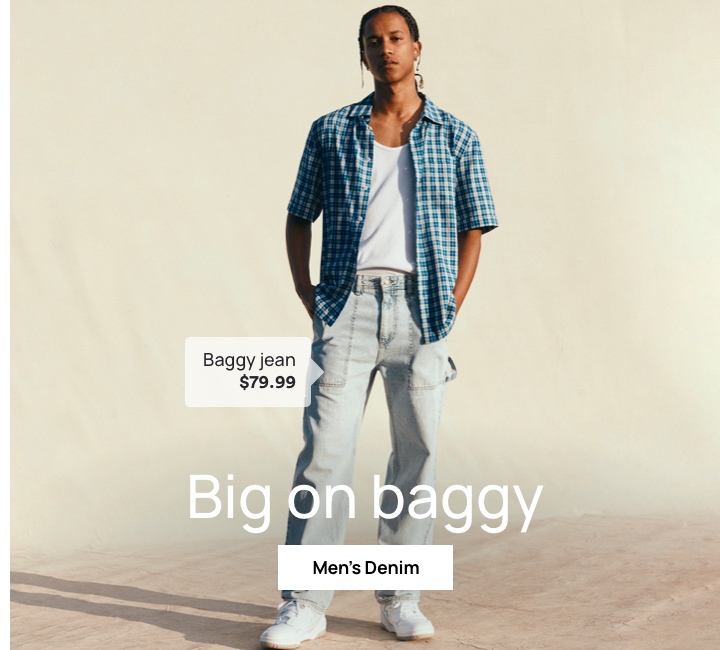 Big on baggy. Baggy jean $79.99. Click to Shop Men's Denim.
