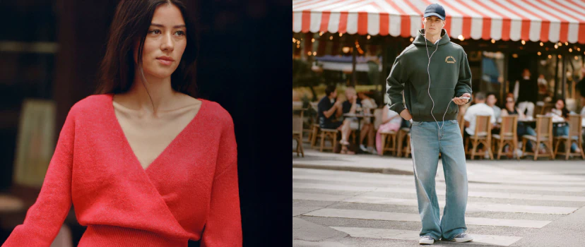 Woman wearing red v-neck sweater on left; man wearing olive zip-up jacket and light blue jeans on right