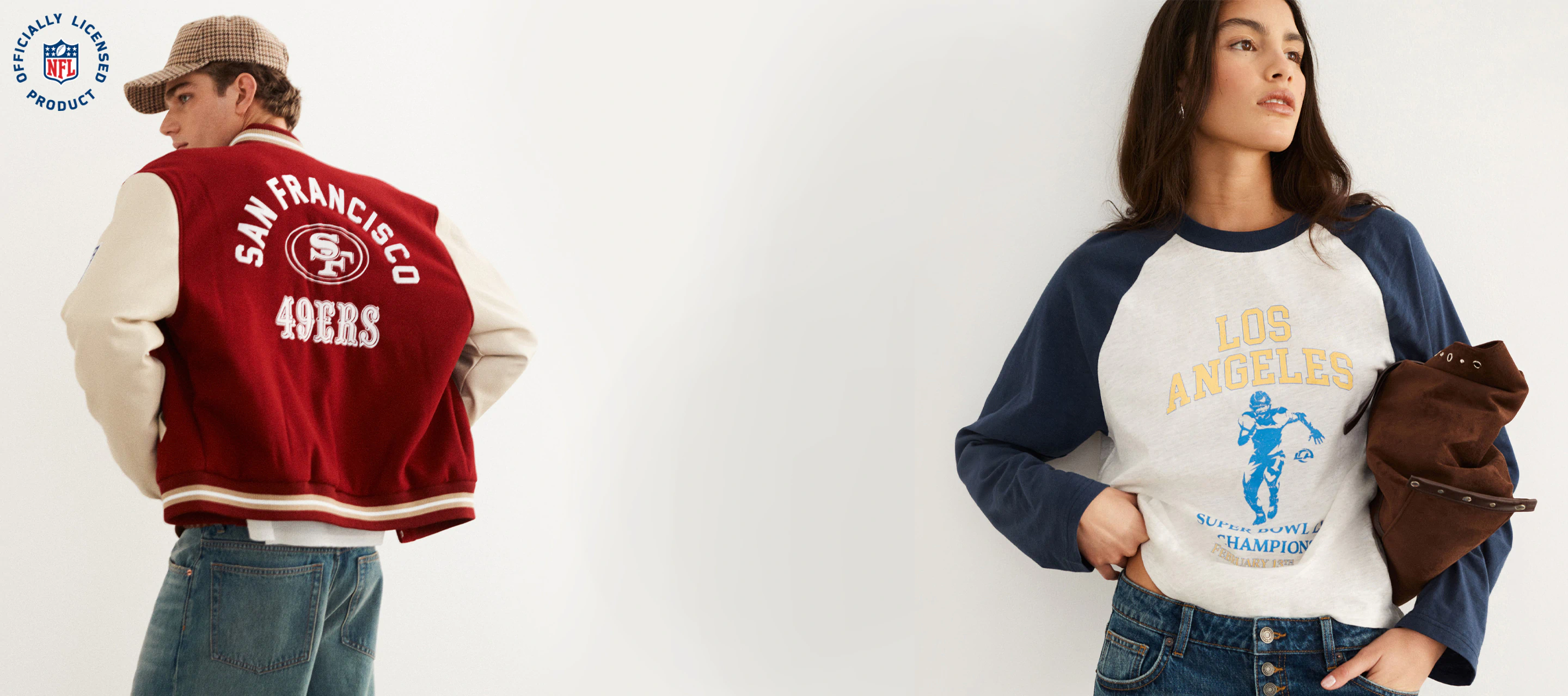Man wearing red and cream San Francisco 49ers varsity jacket and cap; woman wearing navy and cream Los Angeles Rams raglan tee with brown jacket
