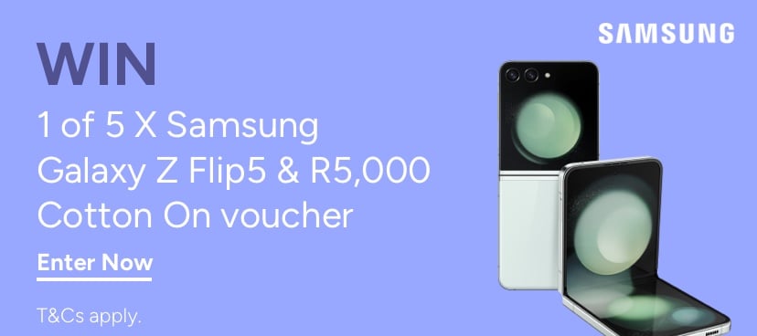 WIN 1 Of 5 X Samsung. Galaxy Z Flip5 & R5,000. Cotton On Voucher. T&C's Apply. Click To Enter.