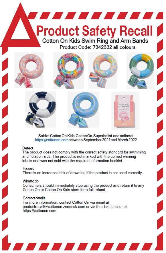 Cotton On Kids Swim Ring and Arm Bands product recall