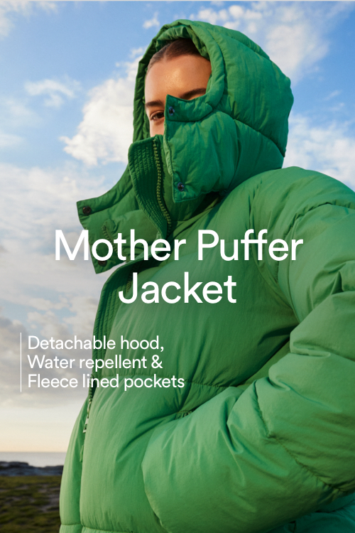 Mother Puffer Jacket. Detachable hood, Water repellent & fleece lined pockets.