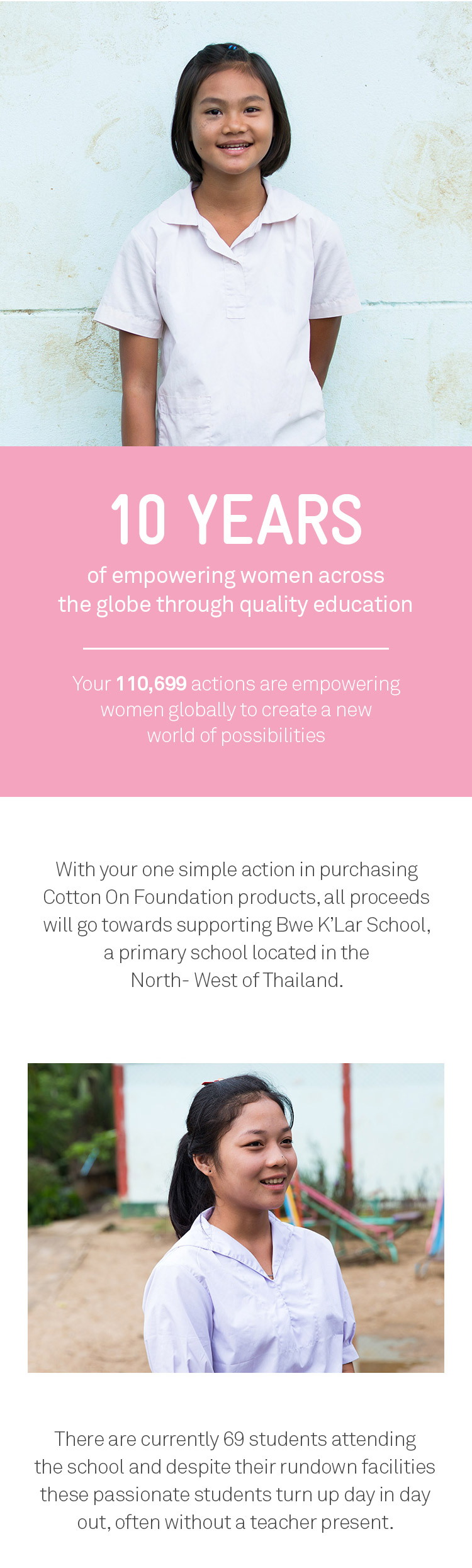 10 years of empowering women across the globe through quality education. With your simple action in purchasing Cotton On Foundation product, all proceeds will go towards suppirting Bew K'Lar School, in the North-West of Thailand. There are currently 69 students attending classes despite their run down facilities.