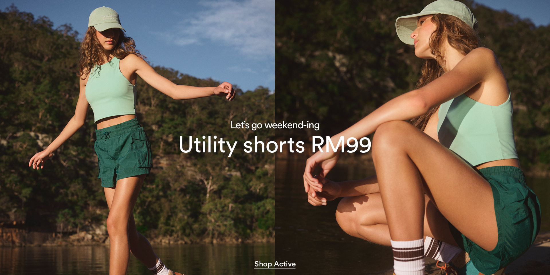 Let's go weekend-ing. Utility shorts RM99. Click to Shop New in Active.