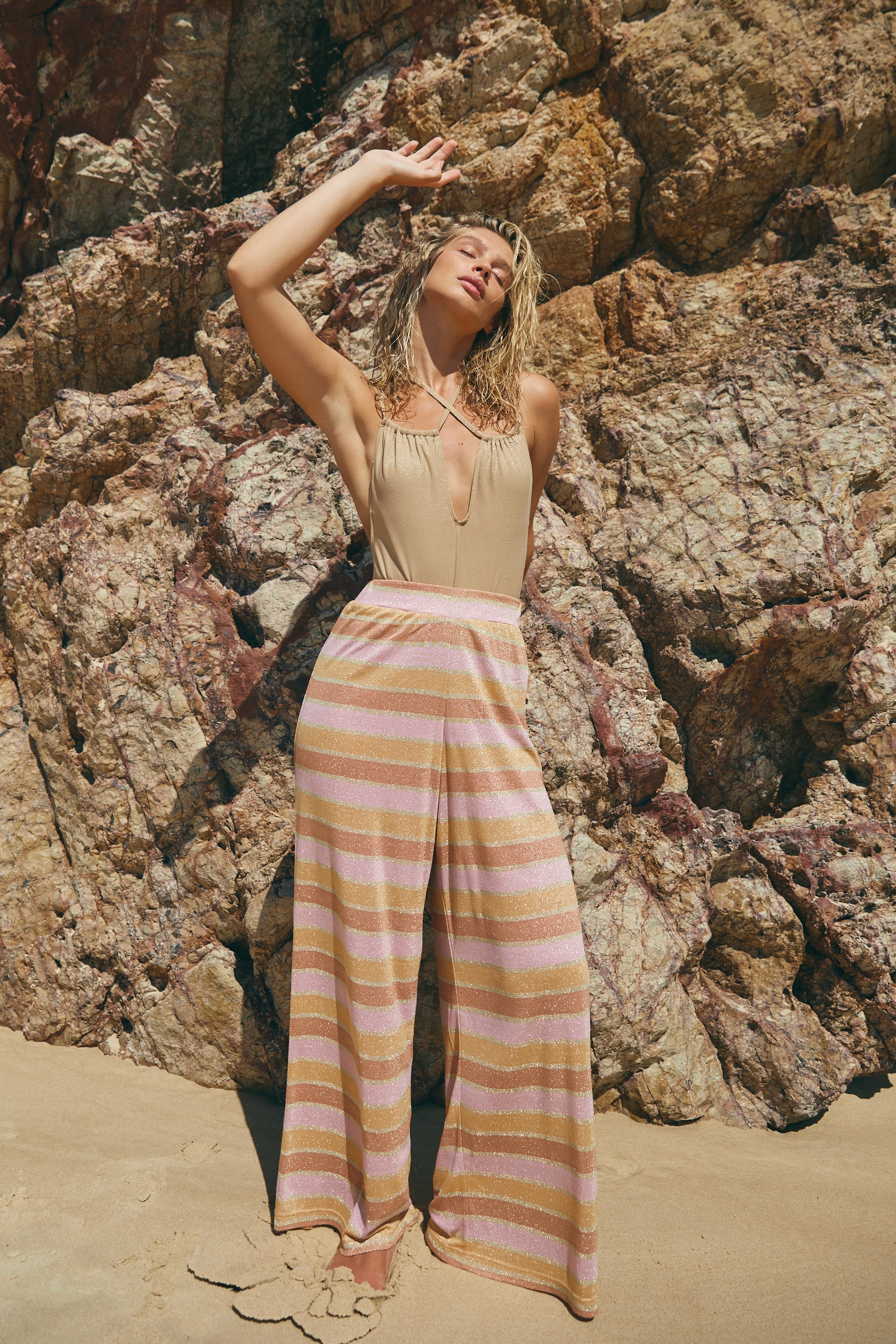 Body - Relaxed Beach Pant - Lilac blossom stripe lurex shimmer