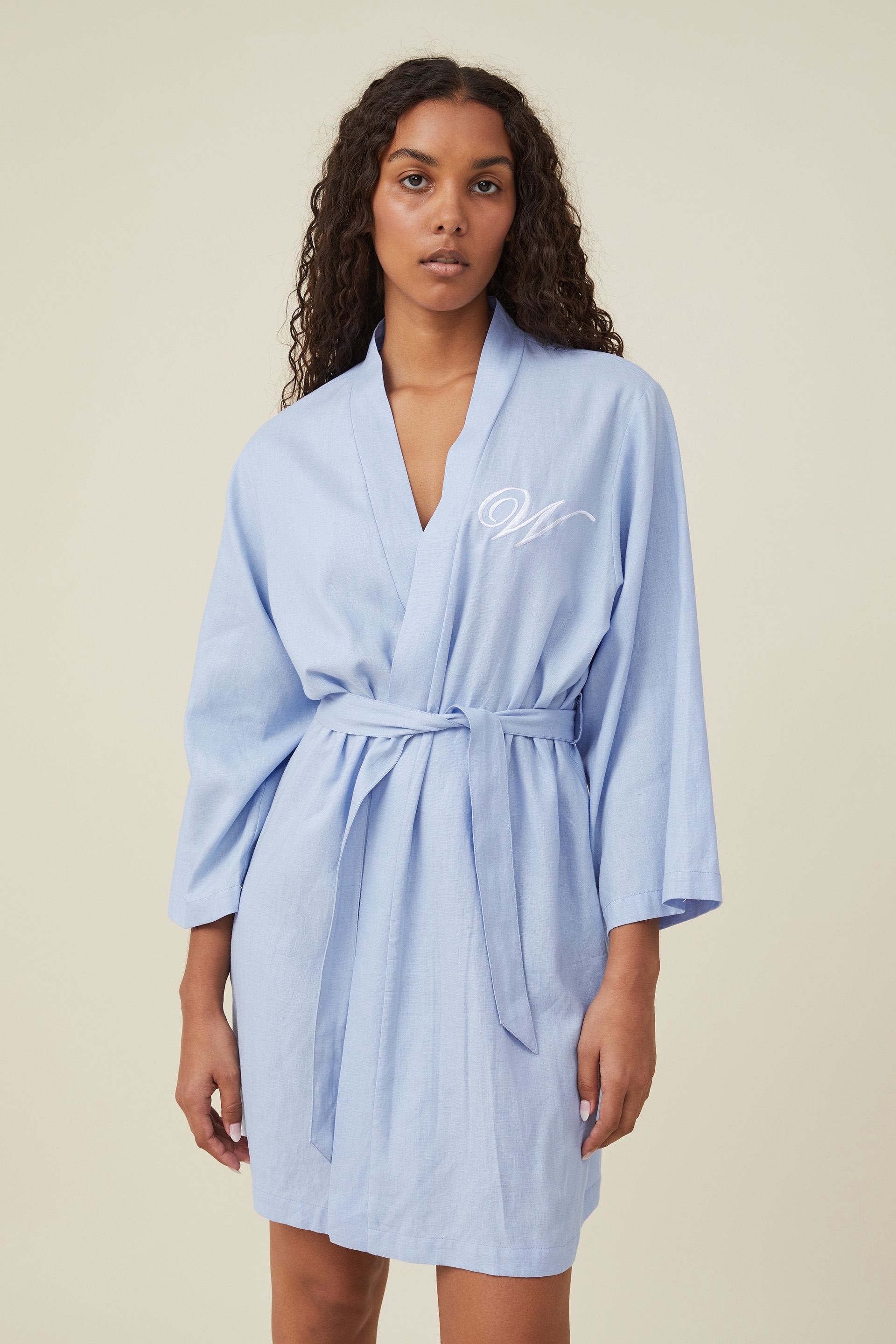 Body - Linen Blend Sleep Robe Personalised - Hydranger blue