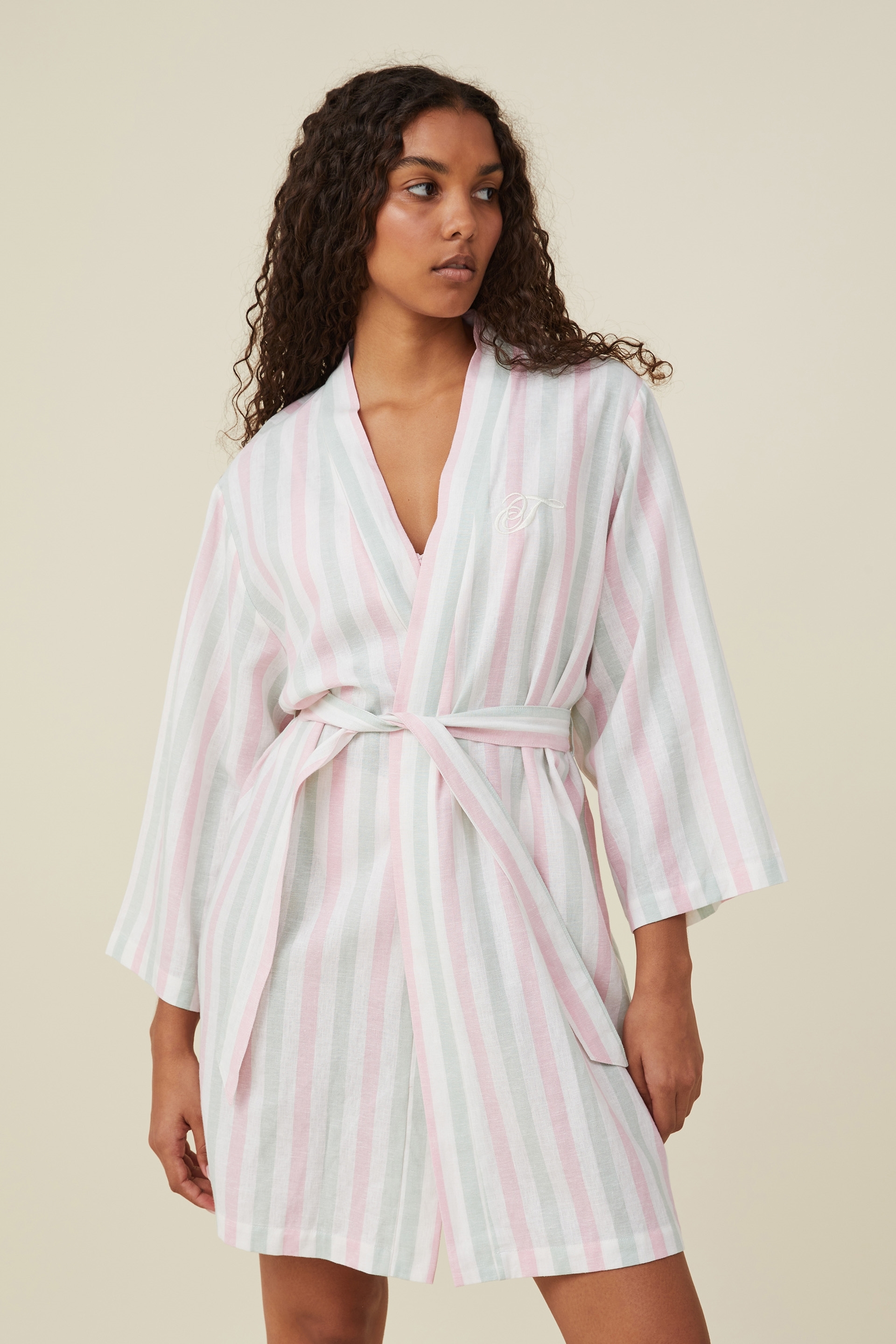 Body - Linen Blend Sleep Robe Personalised - Pink green stripe