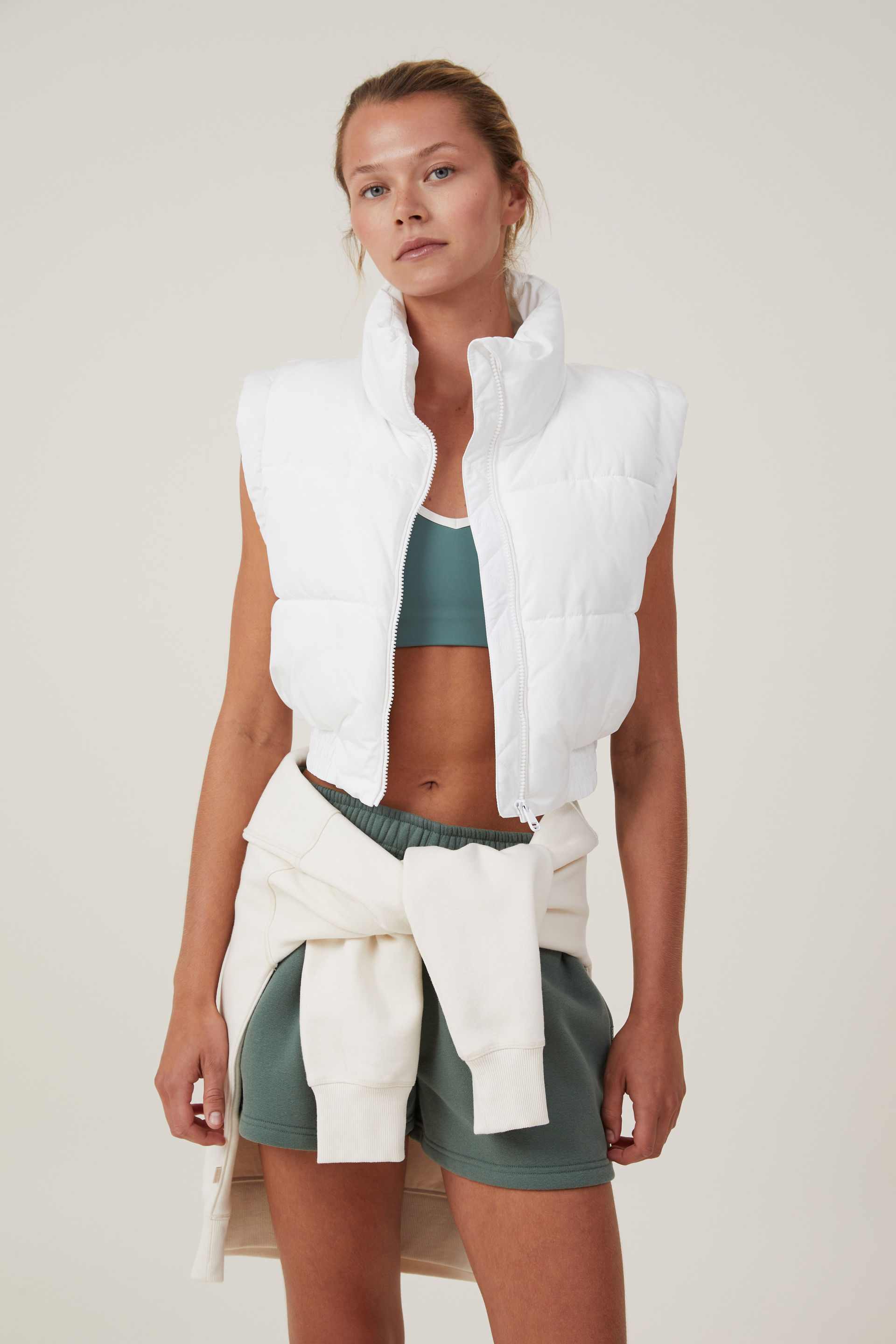 Body - The Mother Puffer Panelled Crop Vest - White