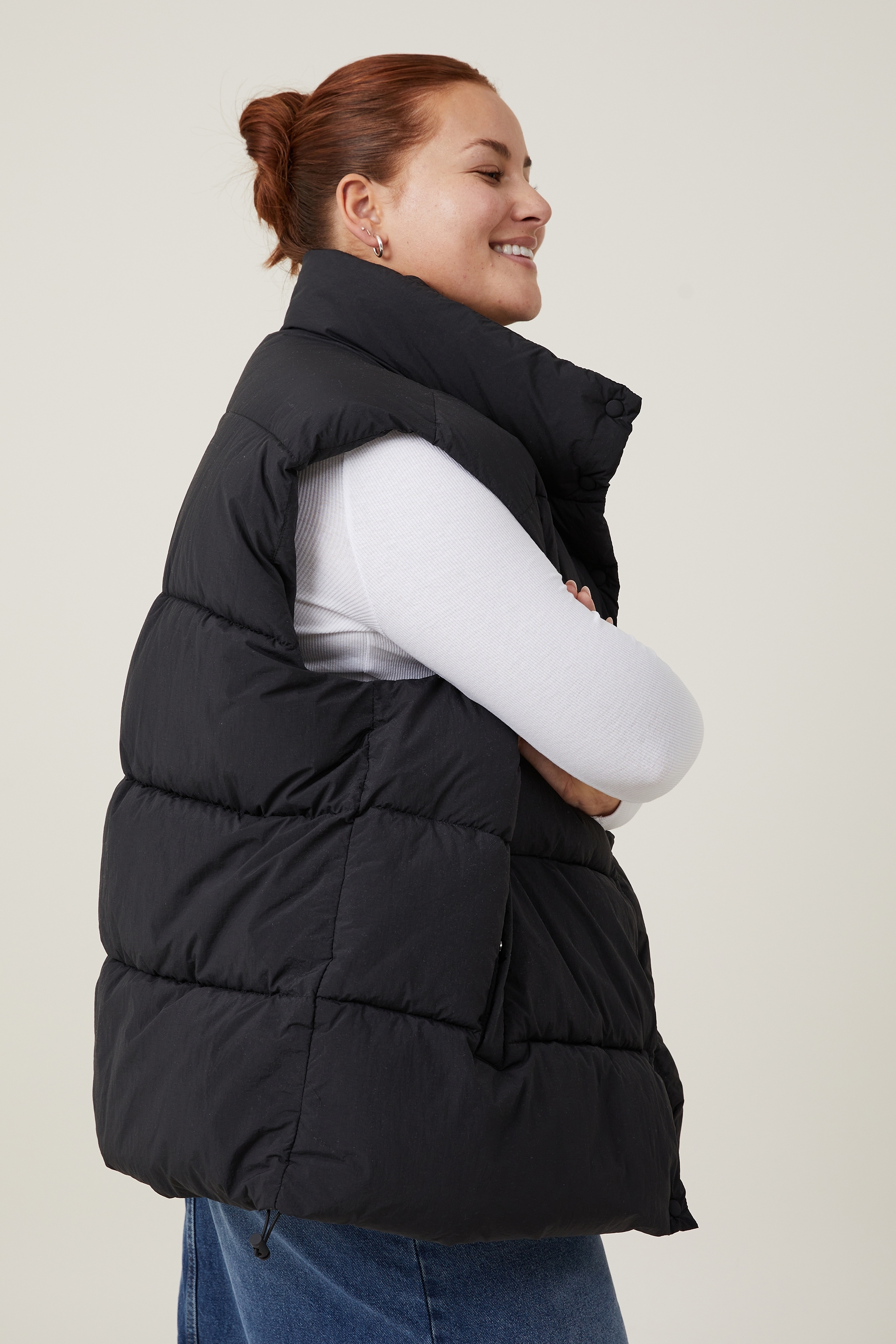Women's Long Puffer Vest with Hood - S.E.B. By SEBBY Tan Large