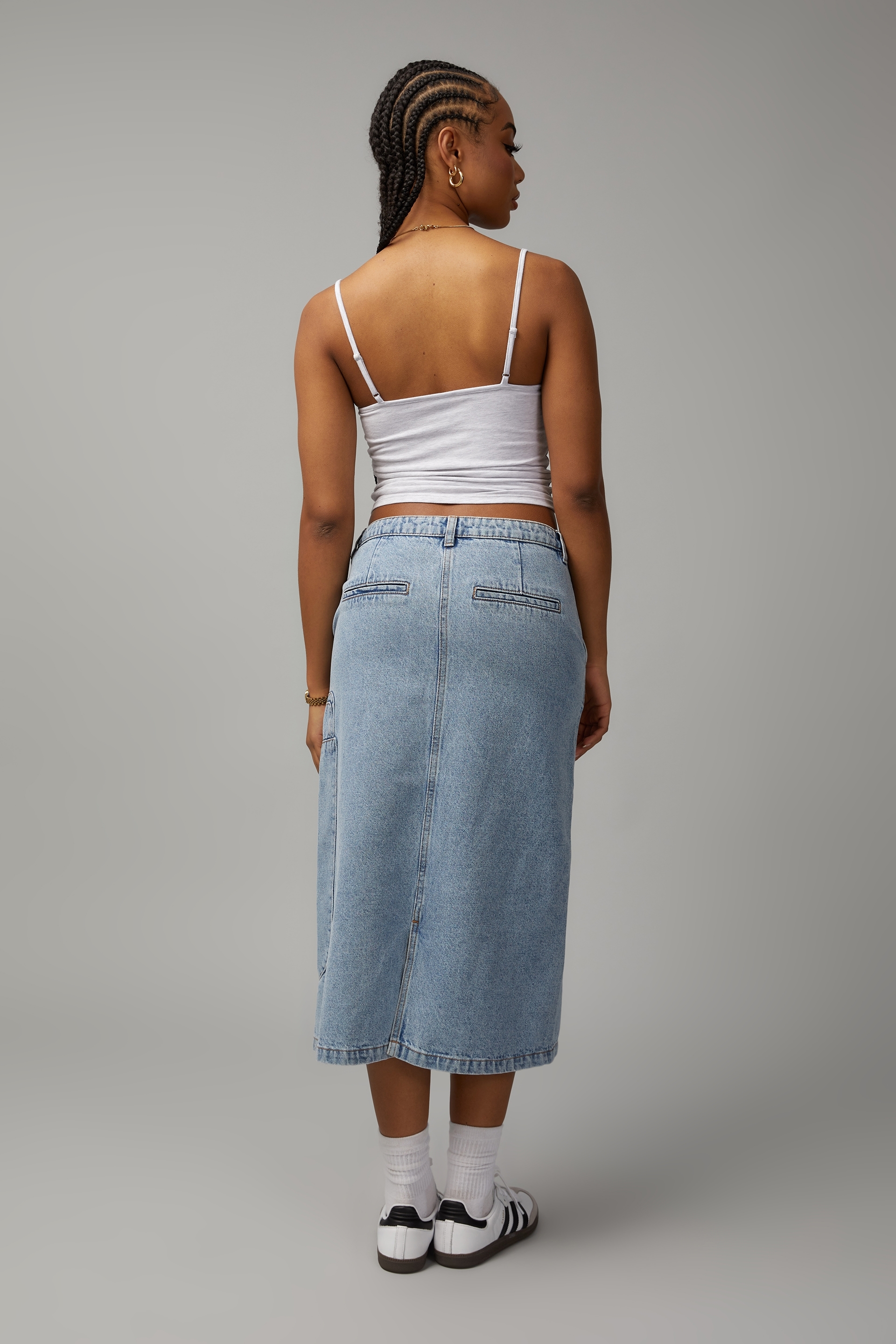 High Waist Denim Midi Skirt in Classic Mid Wash