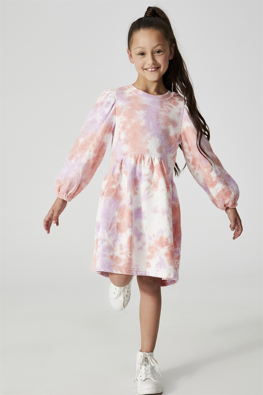 Cotton On Kids - Flora Long Sleeve Dress - Pale violet/melon tie dye