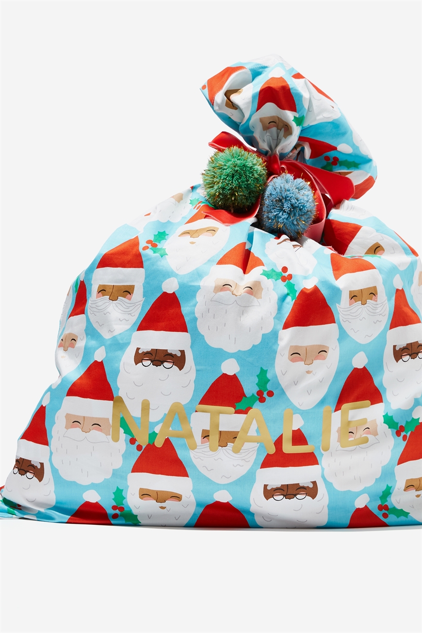 Personalised Baby First Christmas Santa Sack in Blue Cotton Drawstring Gift Bag 