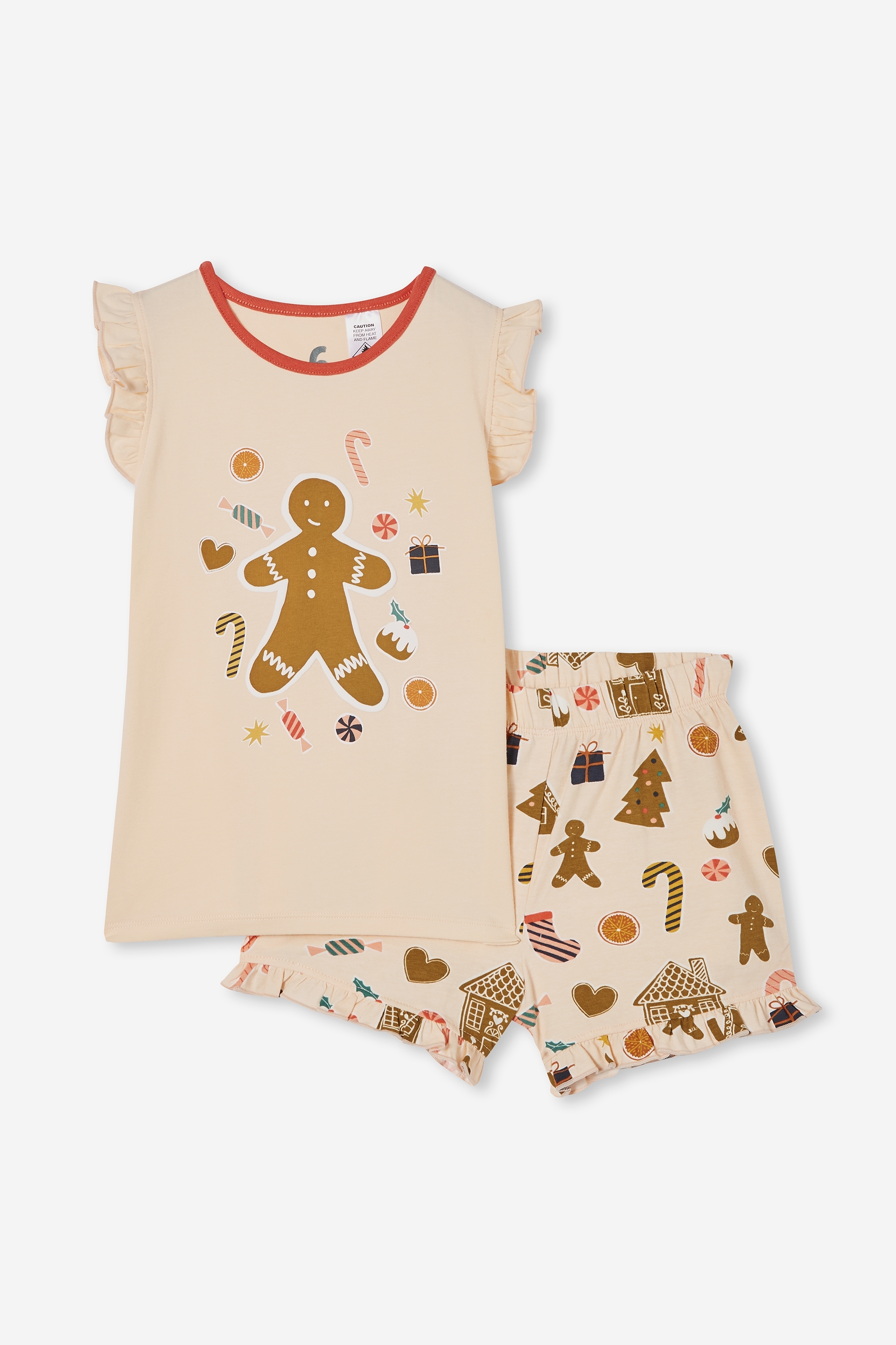 Cotton On Kids - Stacey Short Sleeve Flutter Pyjama Set - Gingerbread xmas/peach tang