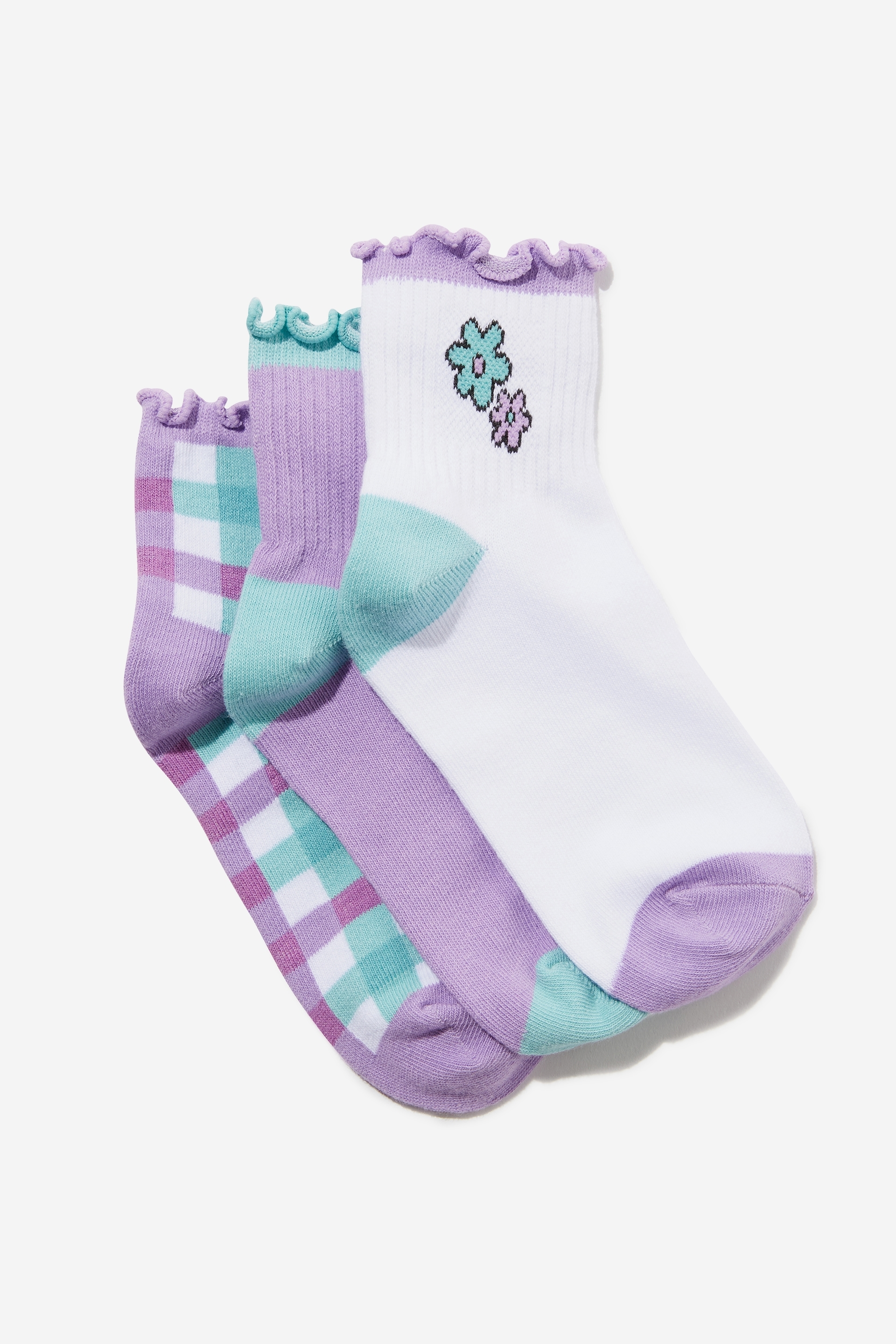 Cotton On Kids - Kids 3Pk Mid Crew Frill Socks - Multi/lilac drop check