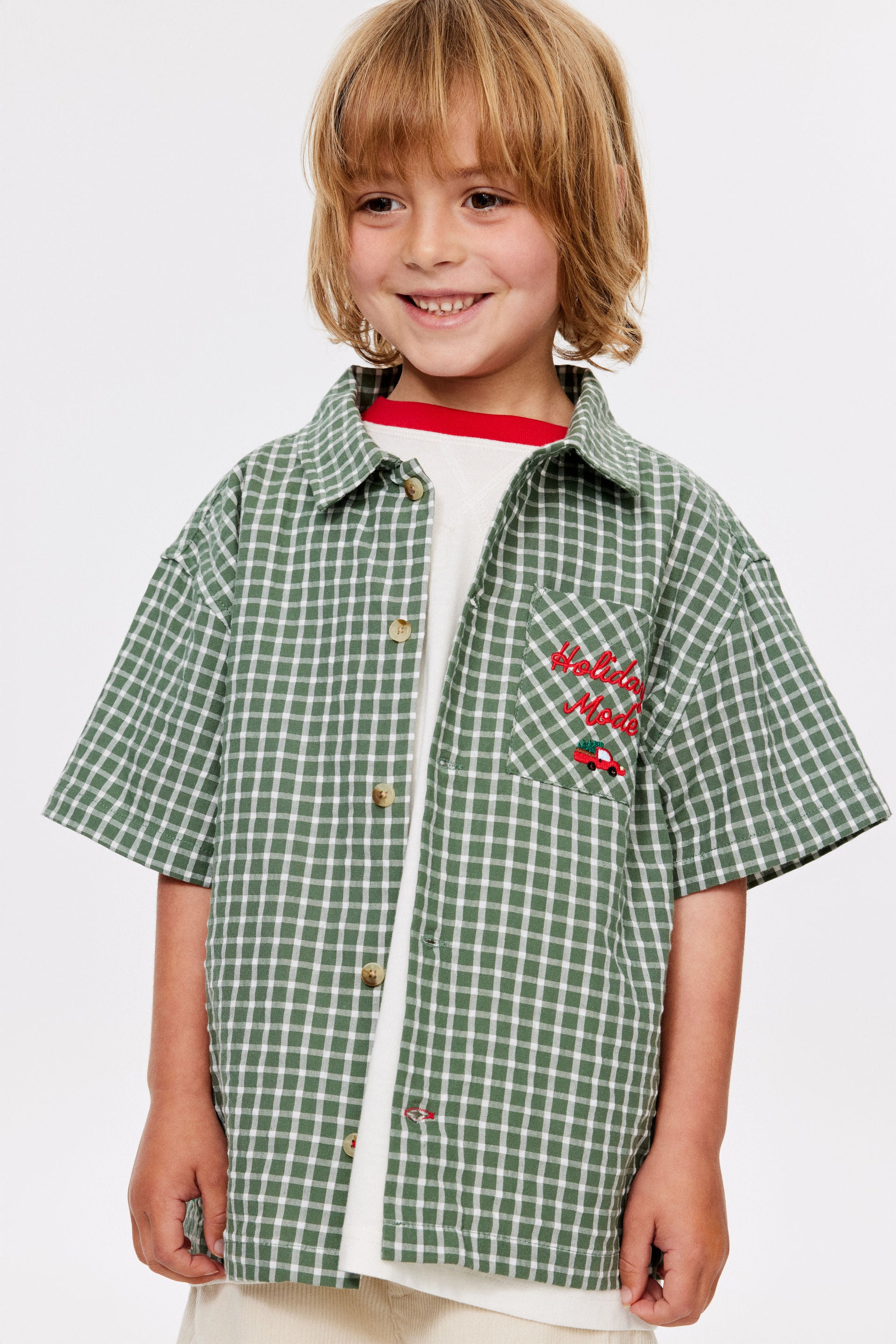 Cotton On Kids - Jasper Boxy Skate Shirt - Khaki green check/holiday mode