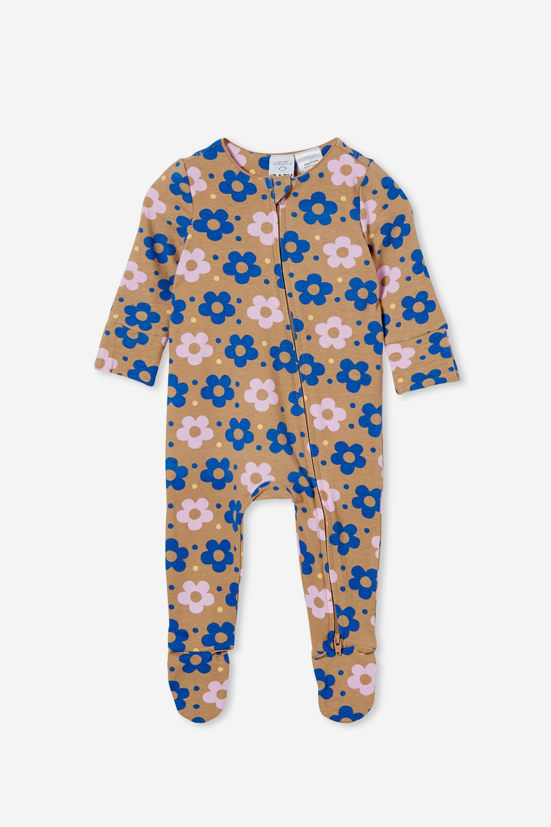 Cotton On Kids - The Long Sleeve Zip Romper - Taupy brown/daisy spot