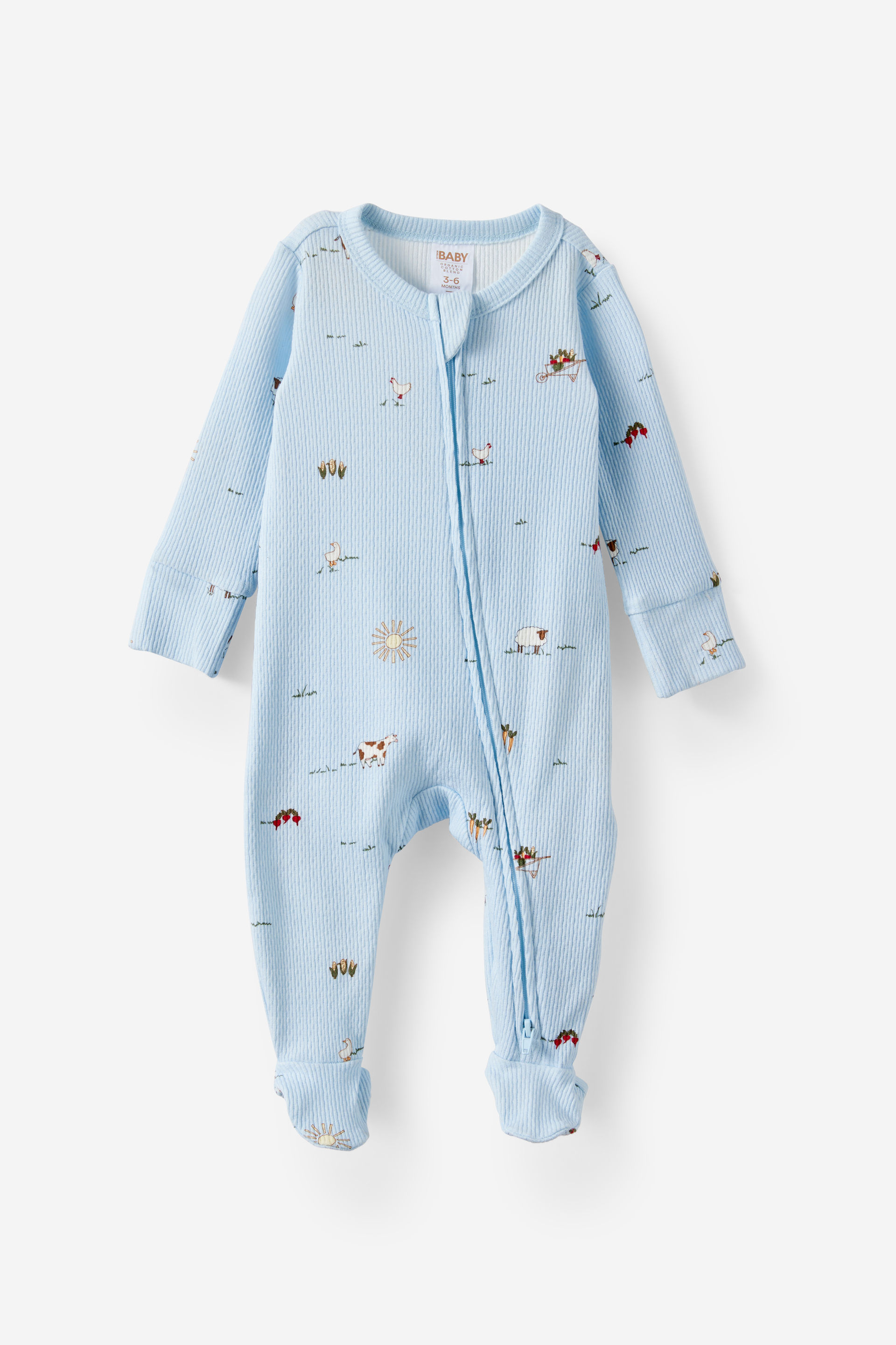 Cotton On Kids - Littlie Organic Long Sleeve Zip All In One Romper - Blue whispers/meadow mornings
