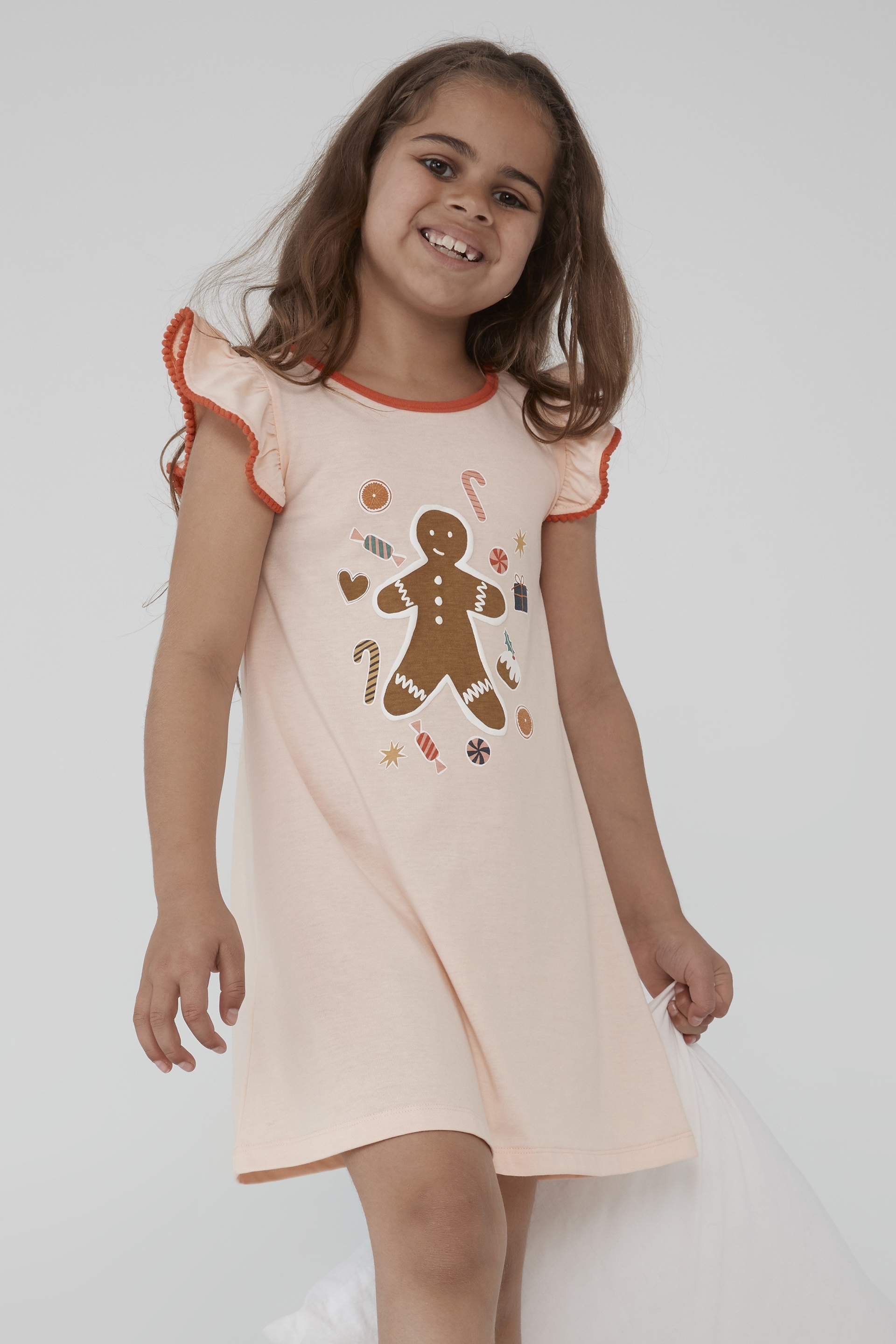 Cotton On Kids - Katie Flutter Short Sleeve Nightie - Gingerbread xmas/peach tang