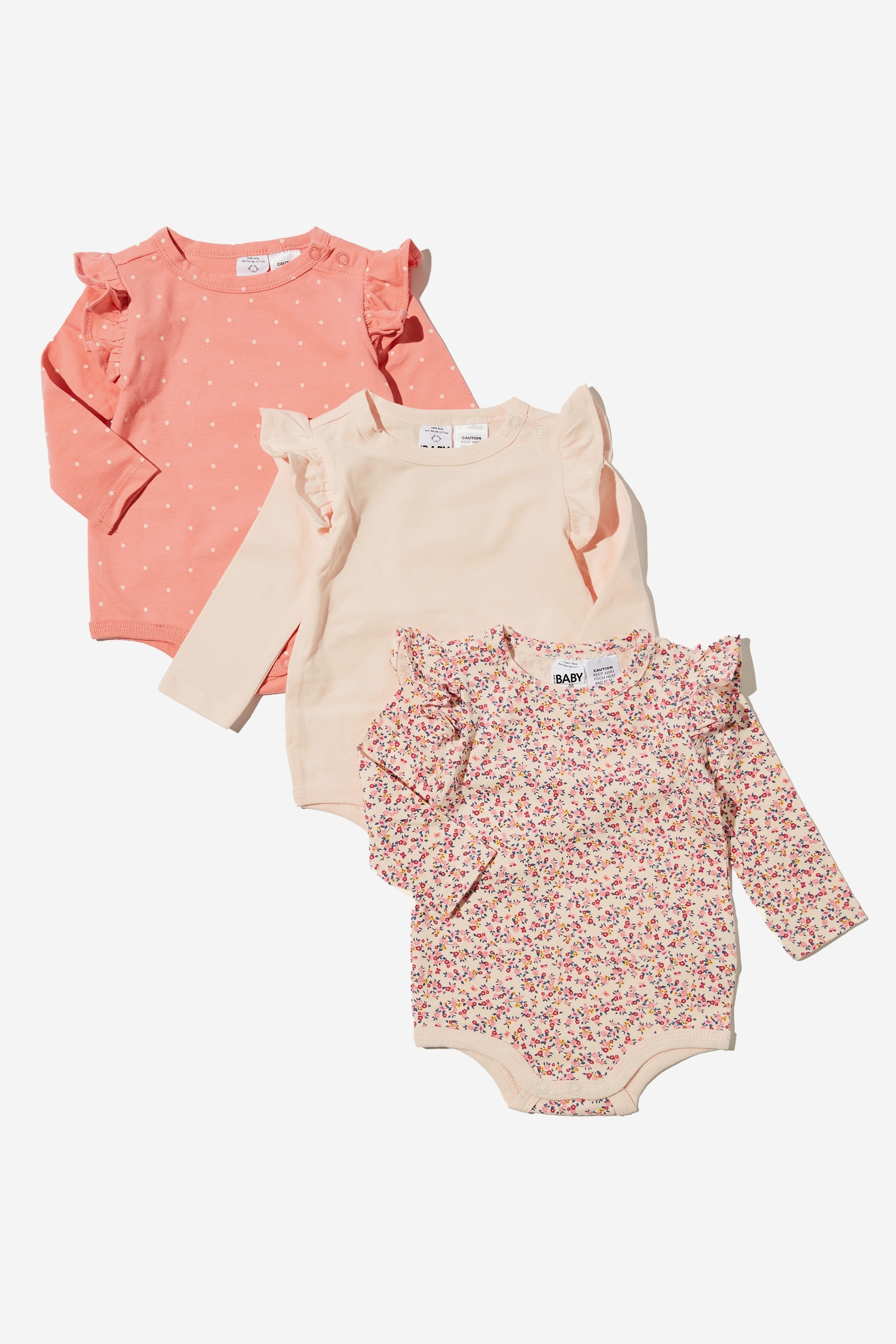 Cotton On Kids - 3 Pack Long Sleeve Ruffle Bubbysuits - Somerset floral/betty spot/crystal pink