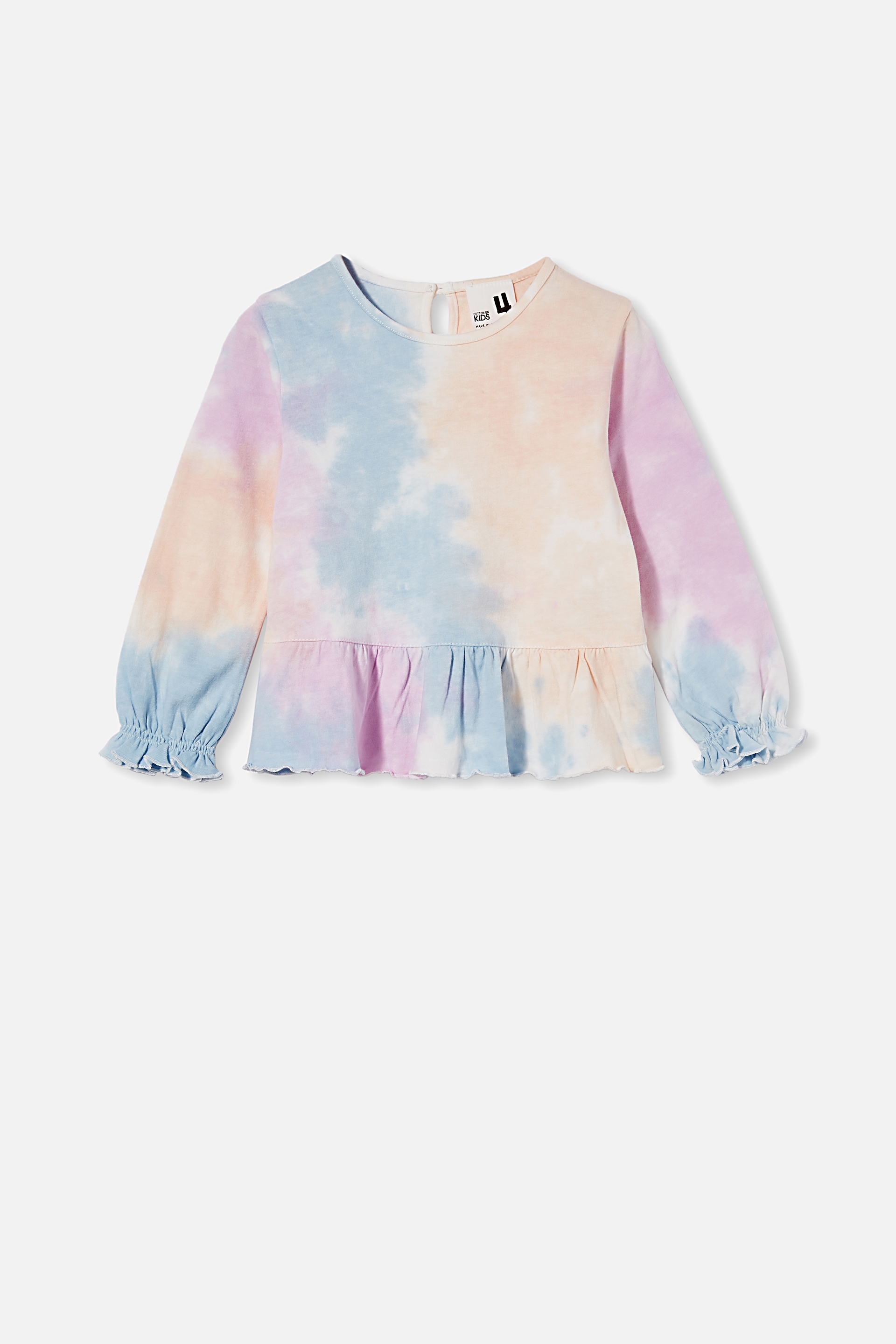 Cotton On Kids - Bridget Long Sleeve Frill Top - Aqua rainbow tie dye