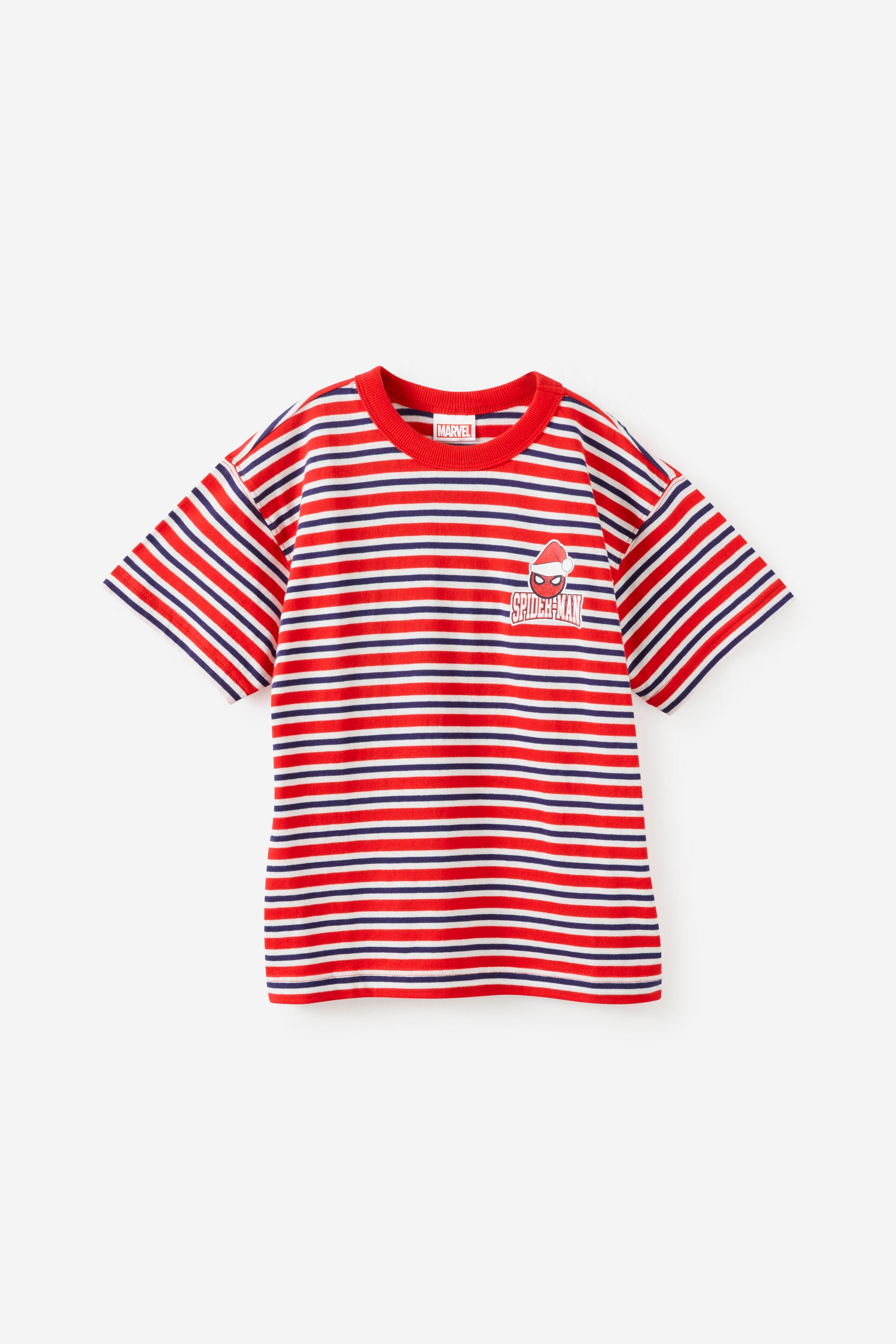 Cotton On Kids, Spiderman Marvel Drop Shoulder SS Tee, Lcn mar varsity red/spidey xmas stripe