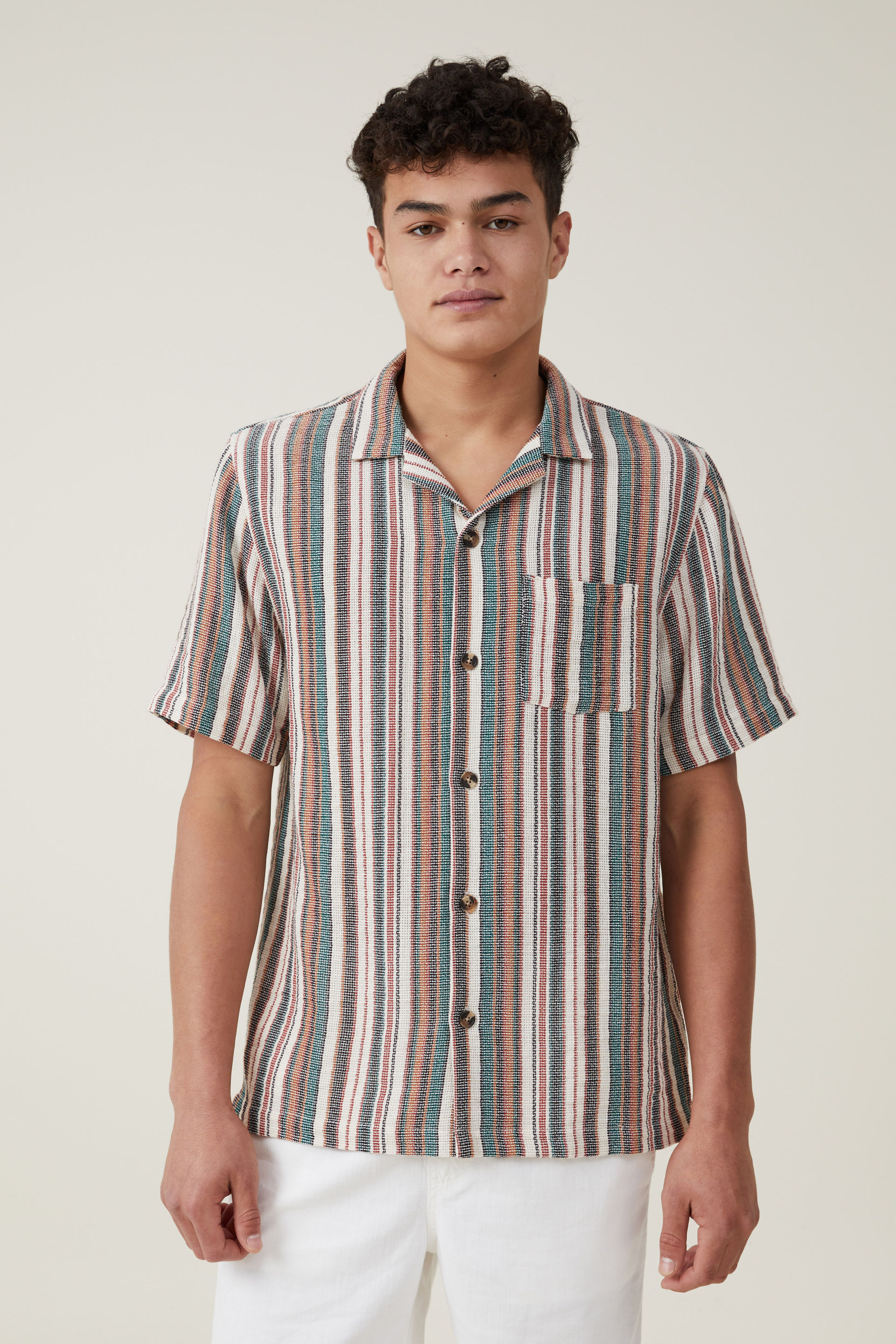 Cotton On Men - Palma Short Sleeve Shirt - Midnight multi stripe