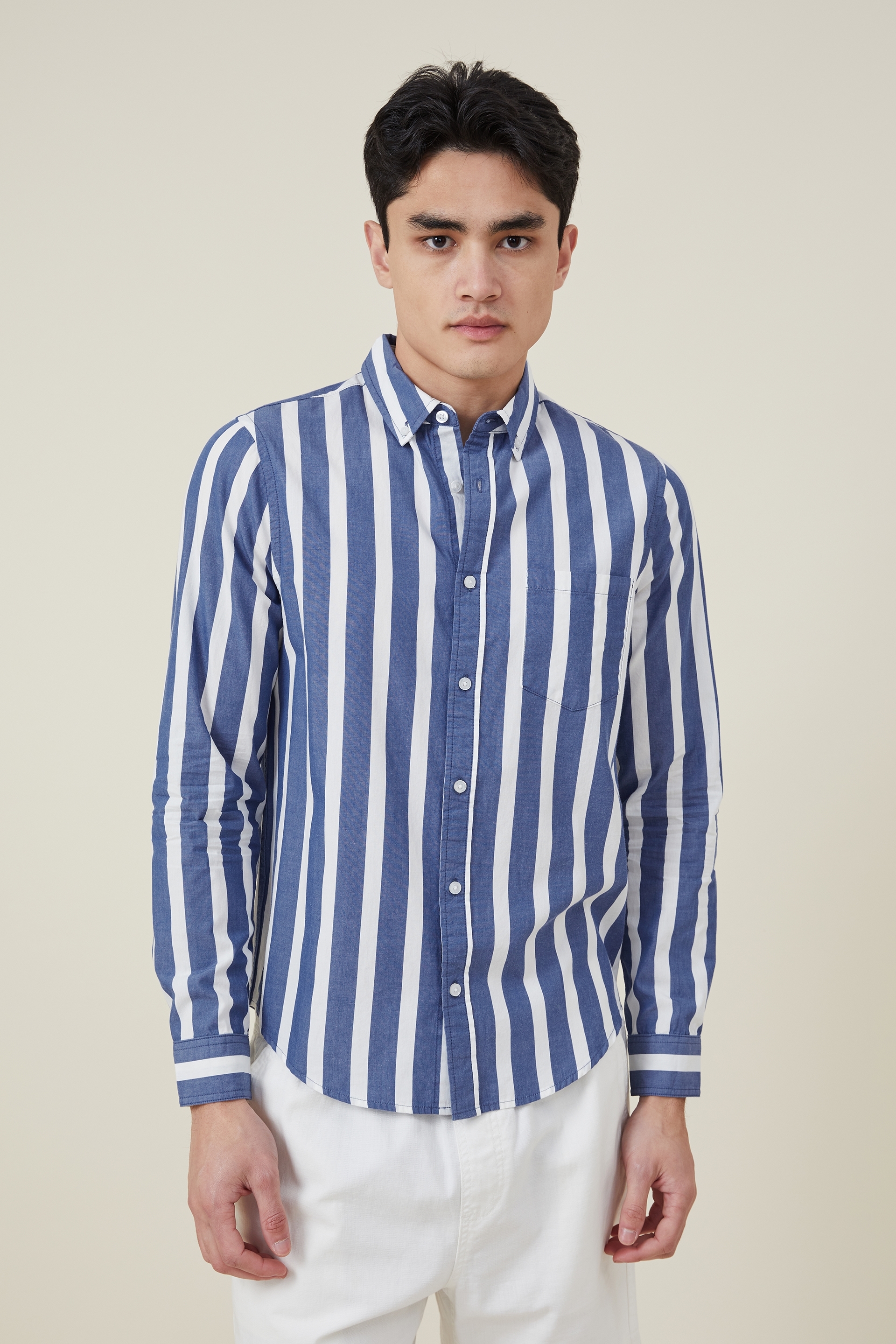 Cotton On Men - Mayfair Long Sleeve Shirt - Navy bold stripe
