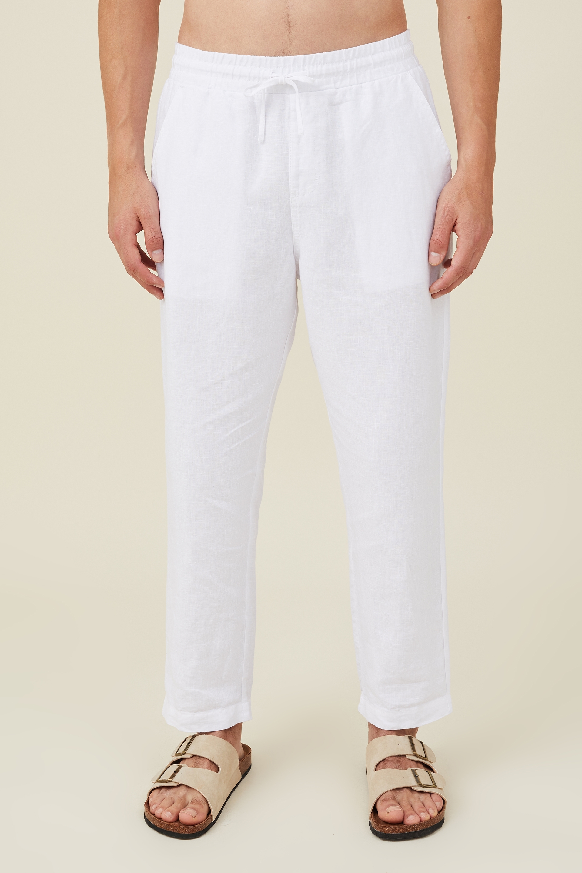 AUDATE Men's Pants Summer Beach Trousers Cotton Linen Trouser Casual  Lightweight Drawstring Yoga Pant Green Medium