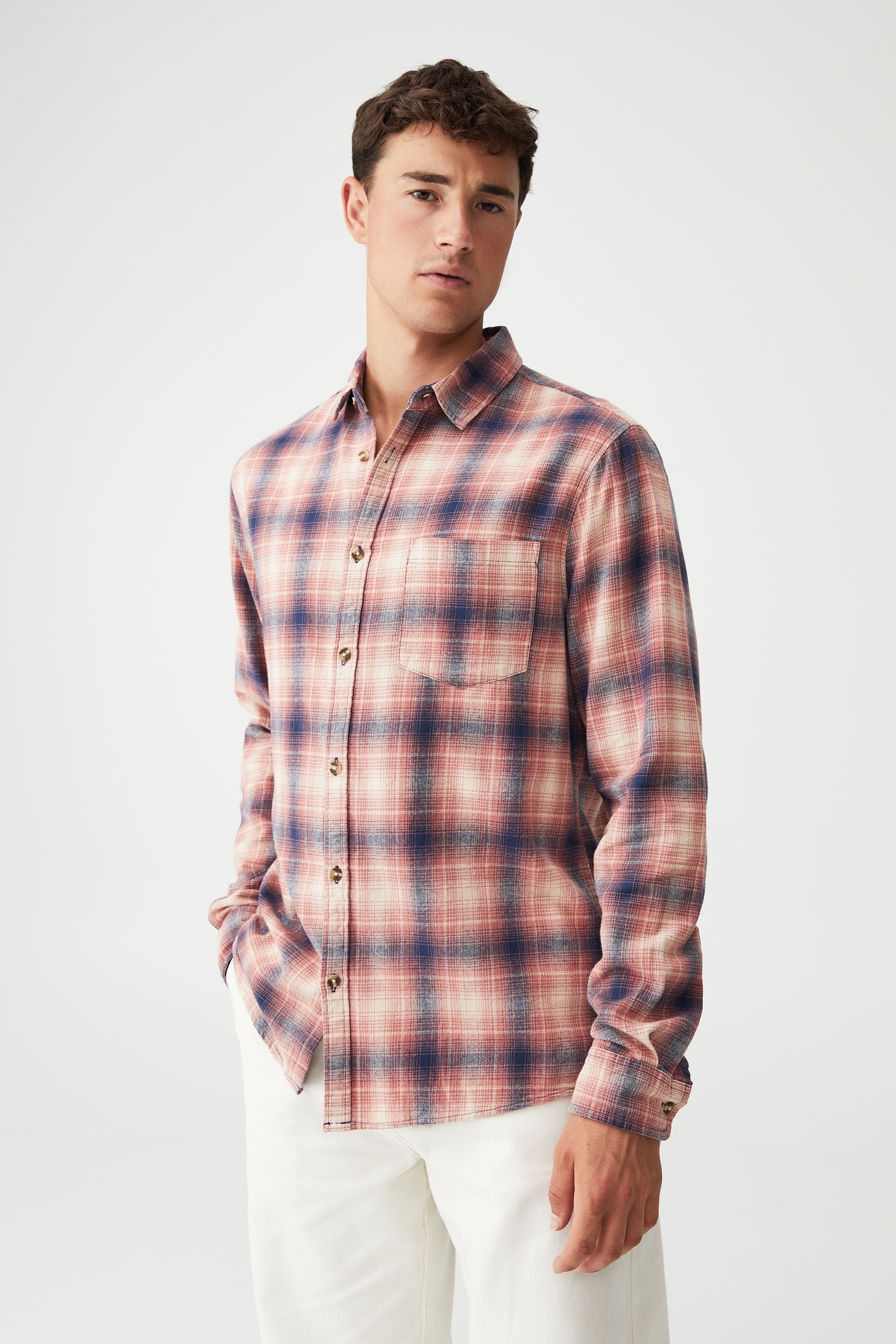 Cotton On Men - Camden Long Sleeve Shirt - Faded red ombre check