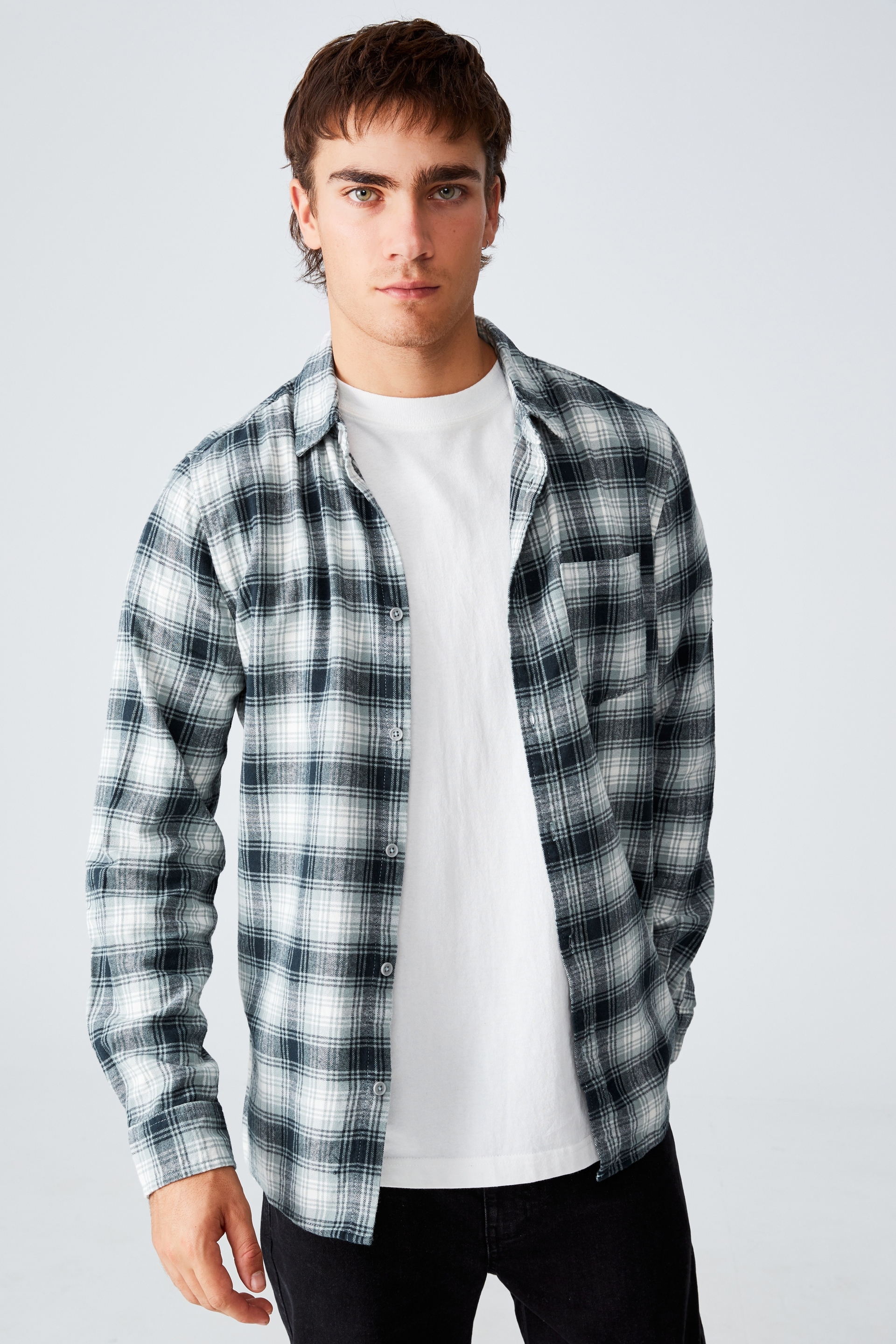 Cotton On Men - Washed Long Sleeve Check Shirt - Green ombre check