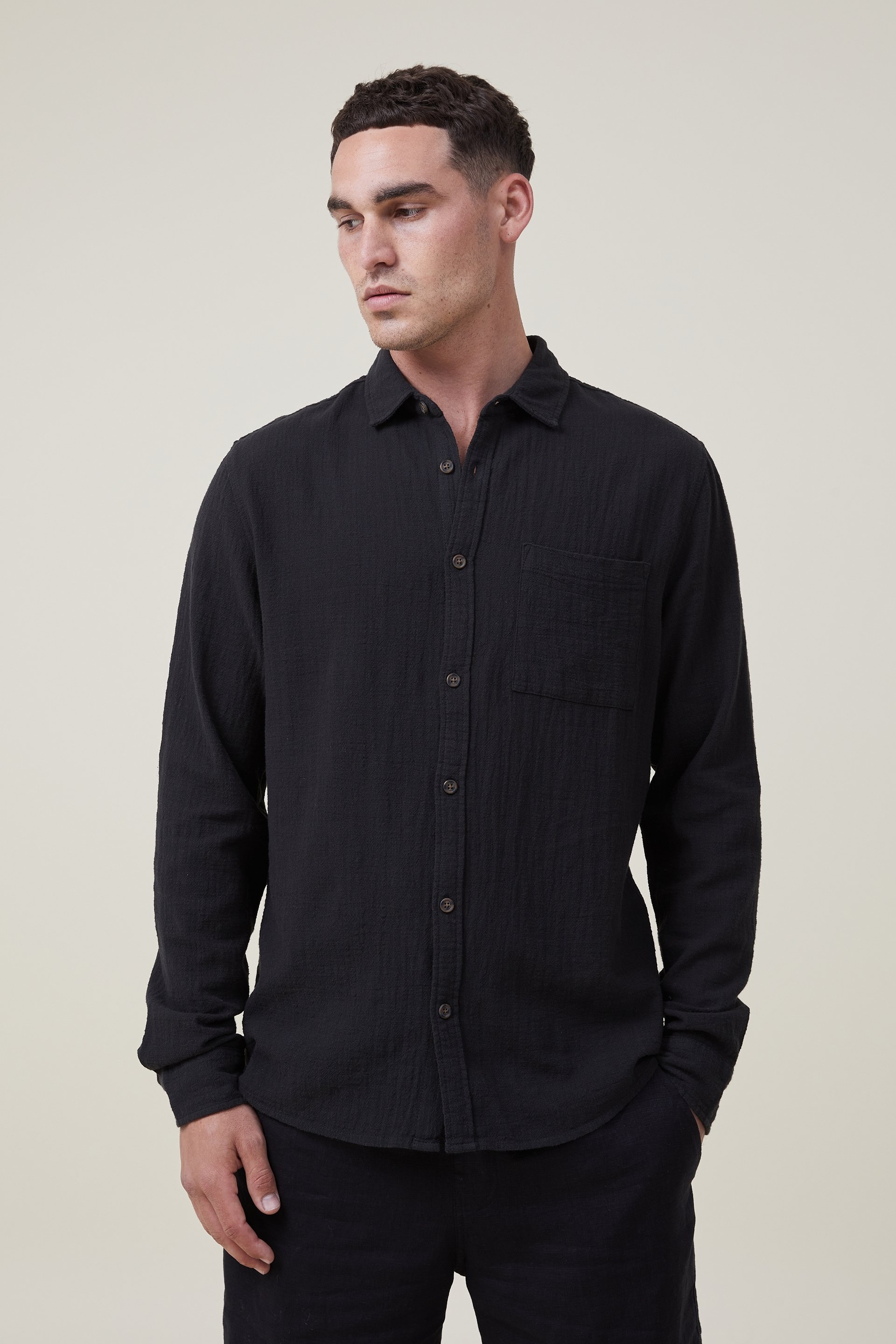 Cotton On Men - Portland Long Sleeve Shirt - Washed black cheesecloth