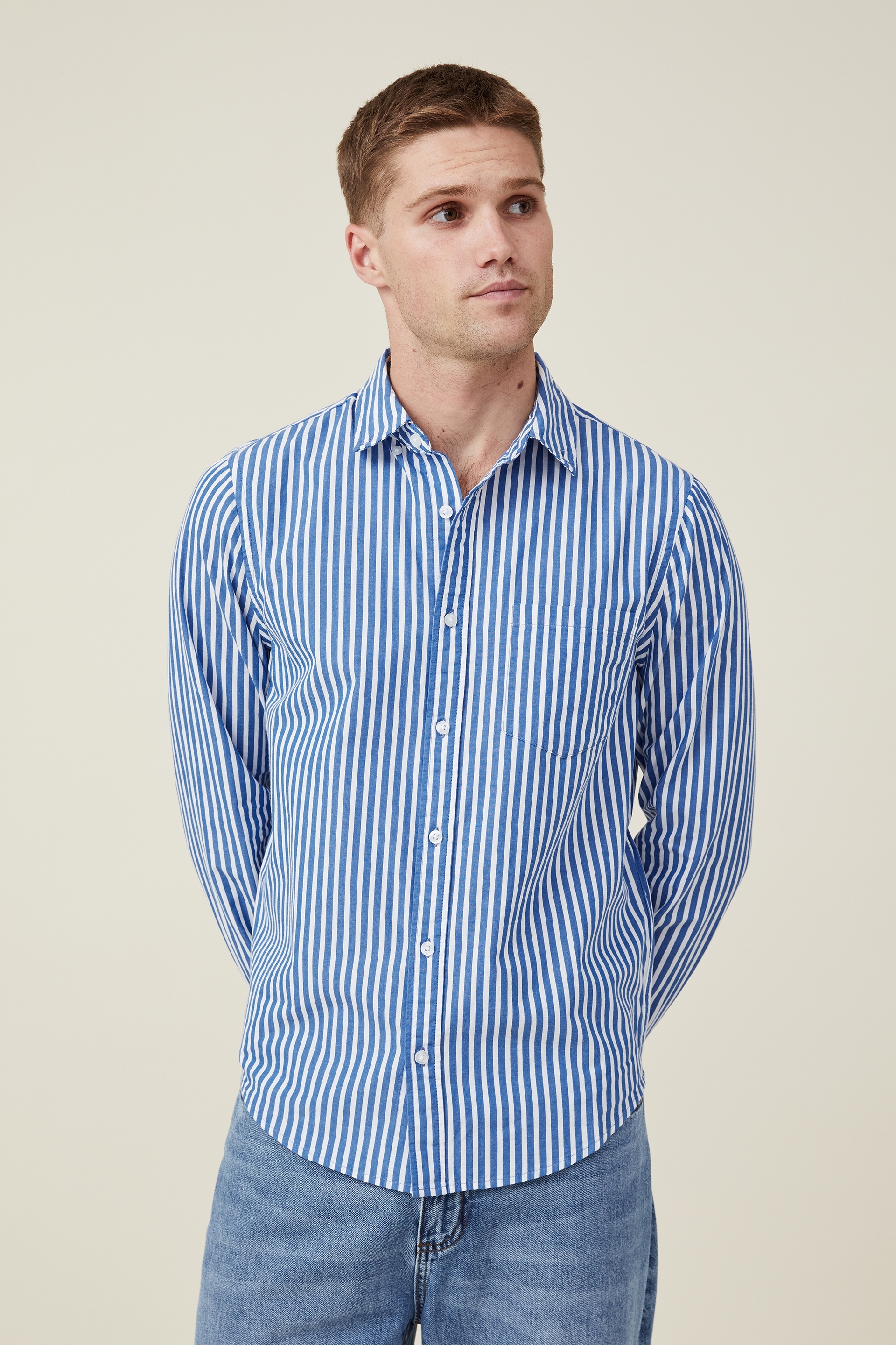 Cotton On Men - Mayfair Long Sleeve Shirt - Cobalt stripe