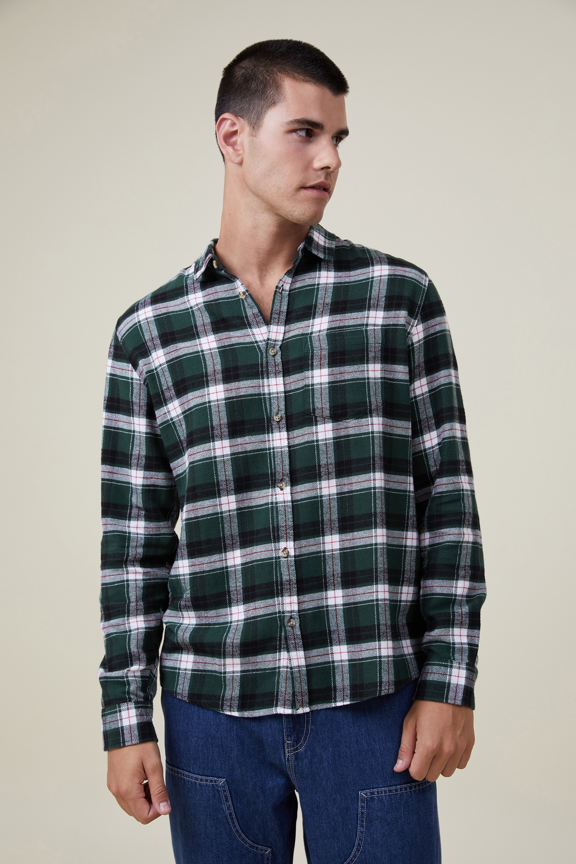 Cotton On Men - Camden Long Sleeve Shirt - Green worker check