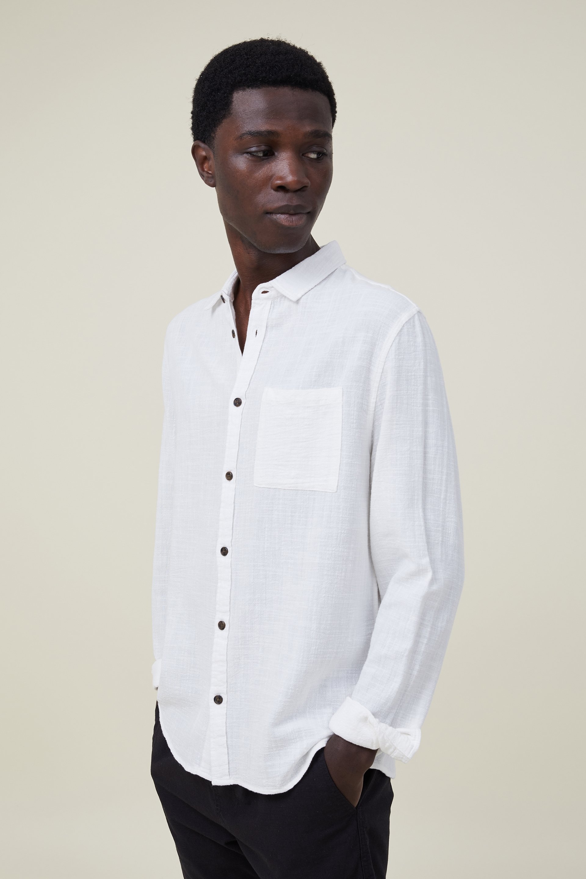 Cotton On Men - Portland Long Sleeve Shirt - Vintage white cheesecloth