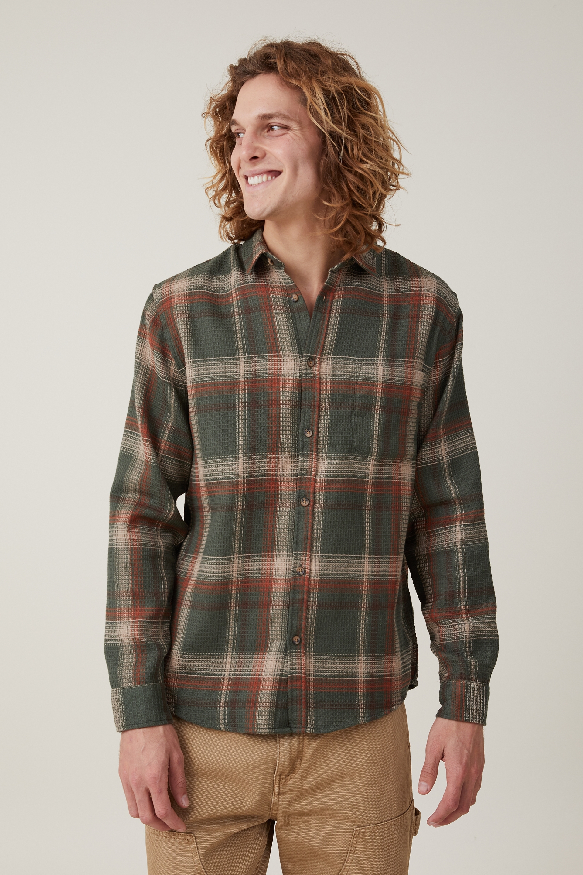 Cotton On Men - Boston Long Sleeve Shirt - Olive waffle check