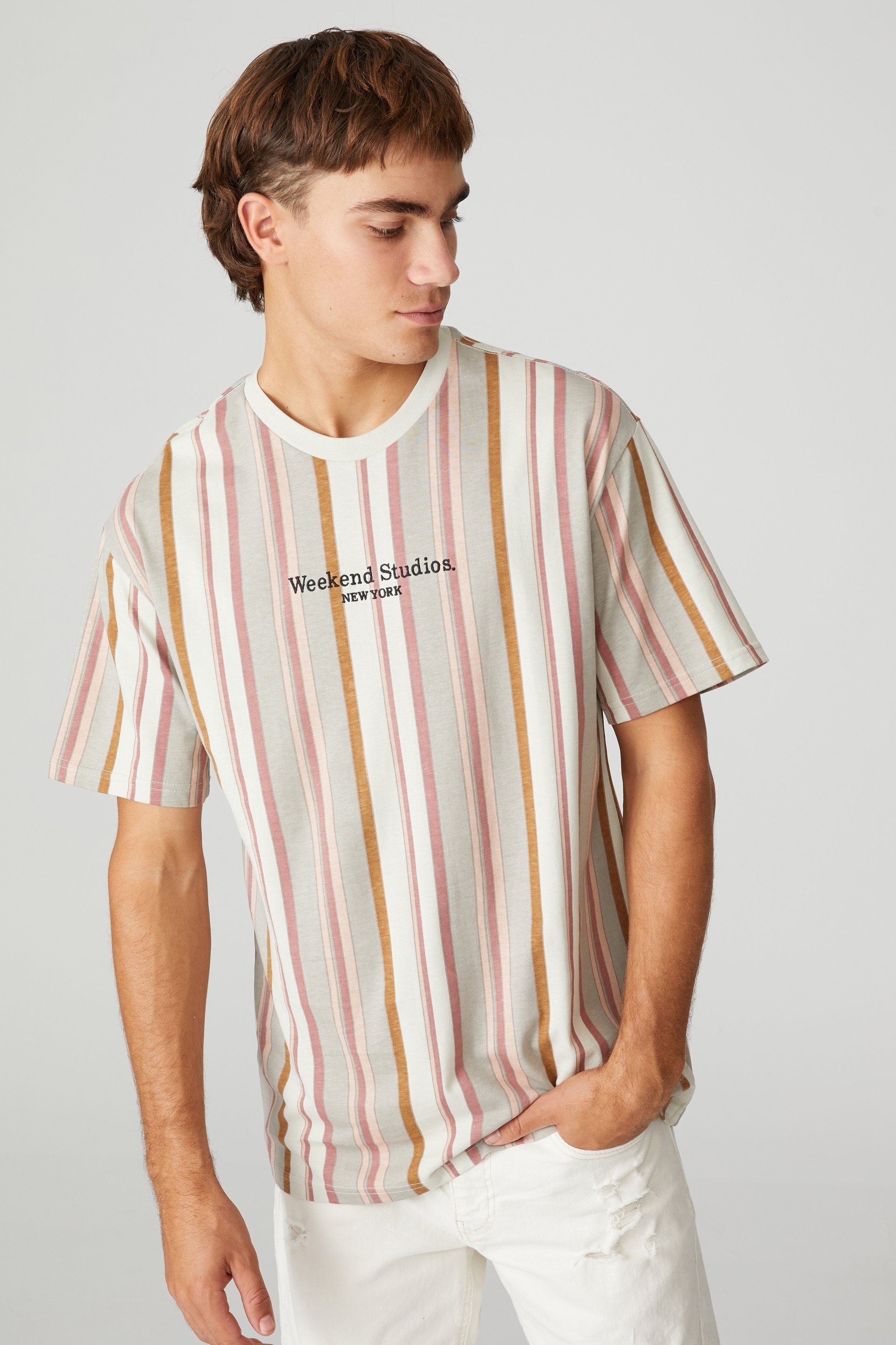 Cotton On Men - Downtown T-Shirt - Ivory mixed stripe