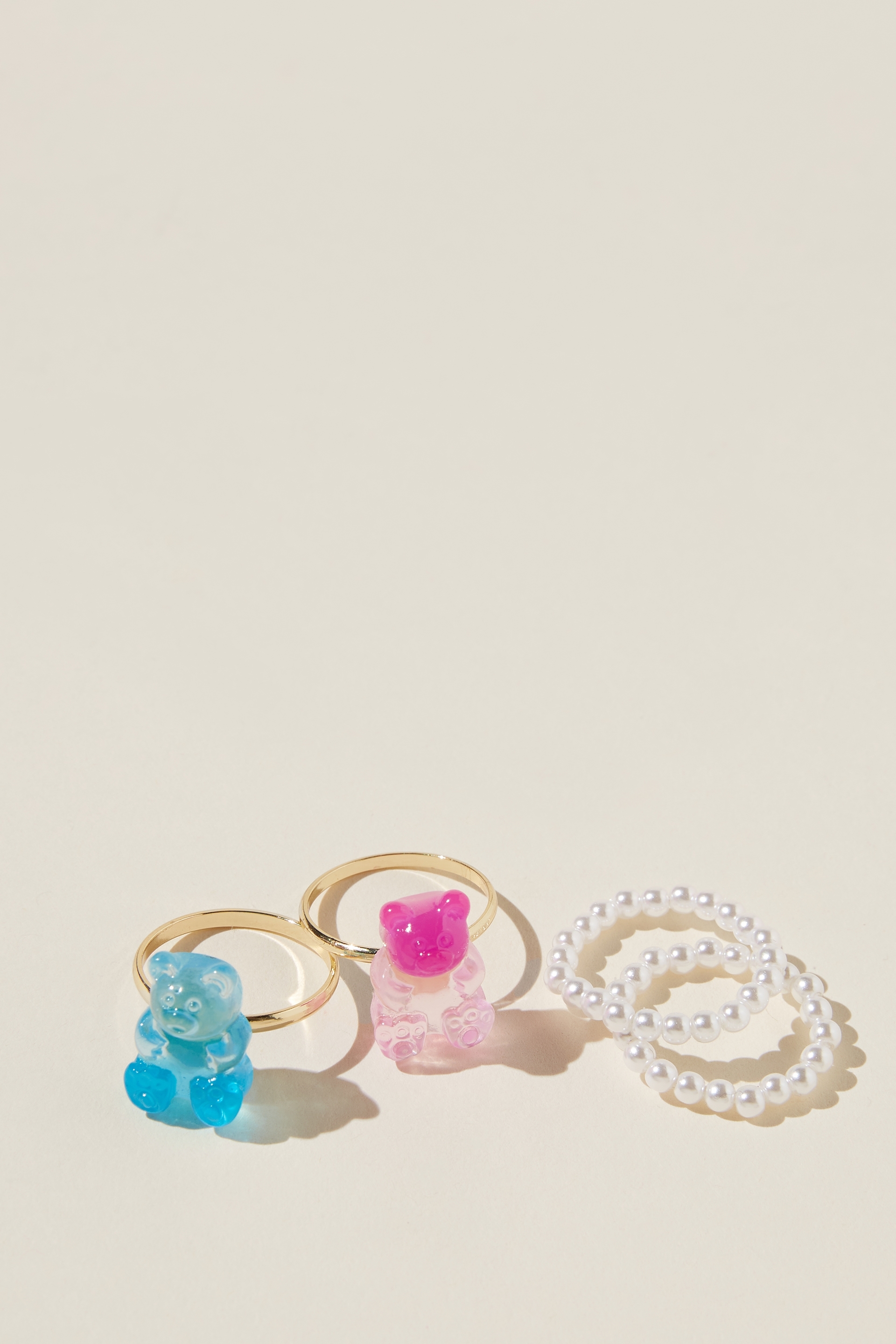 Rubi - Multipack Beaded Rings - Gold plated pearl pink blue teddy bear