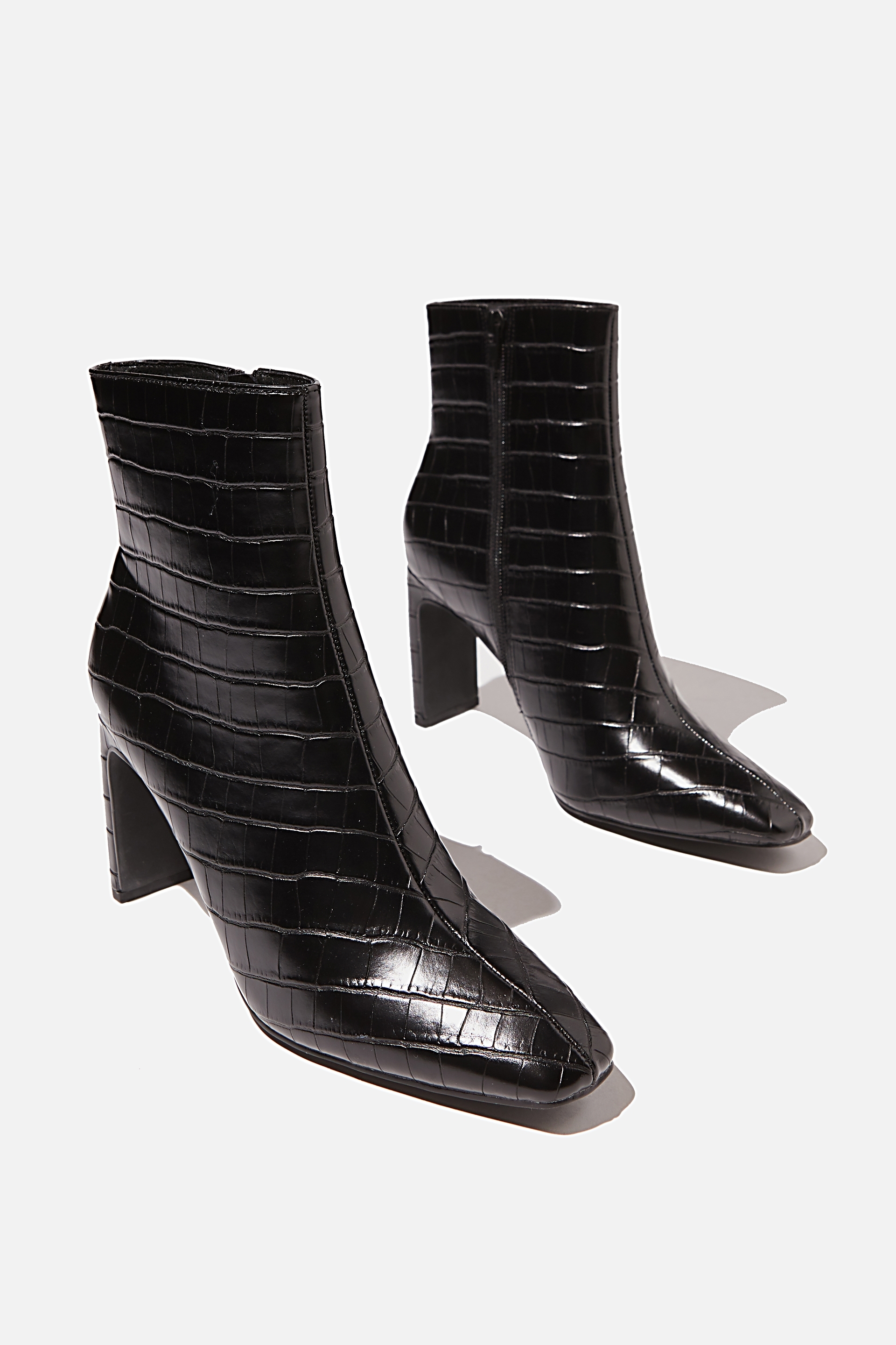 croc embossed leather square toe boots