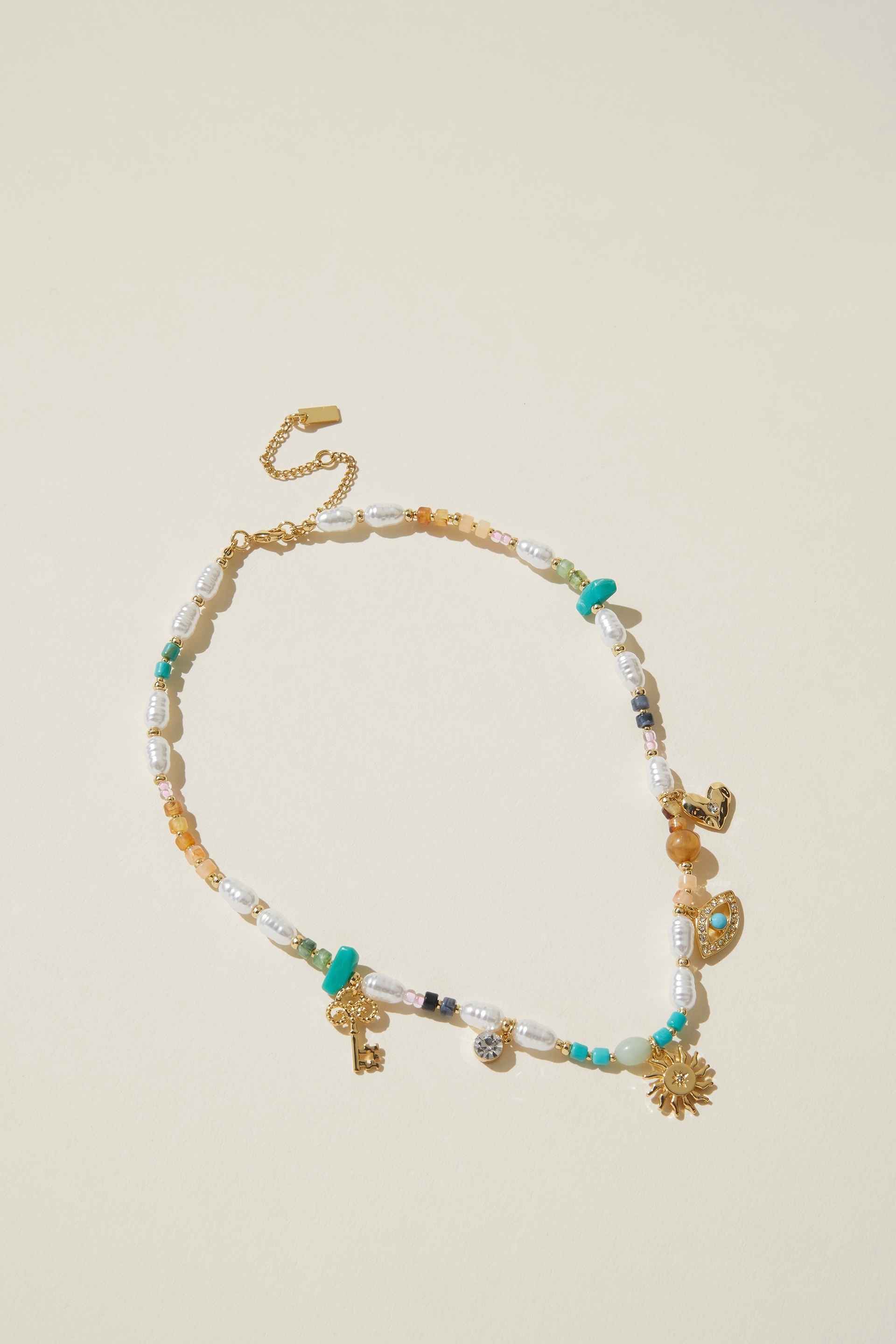 Rubi - Beaded Pendant Necklace - Gold plated turquoise pearl multi charm