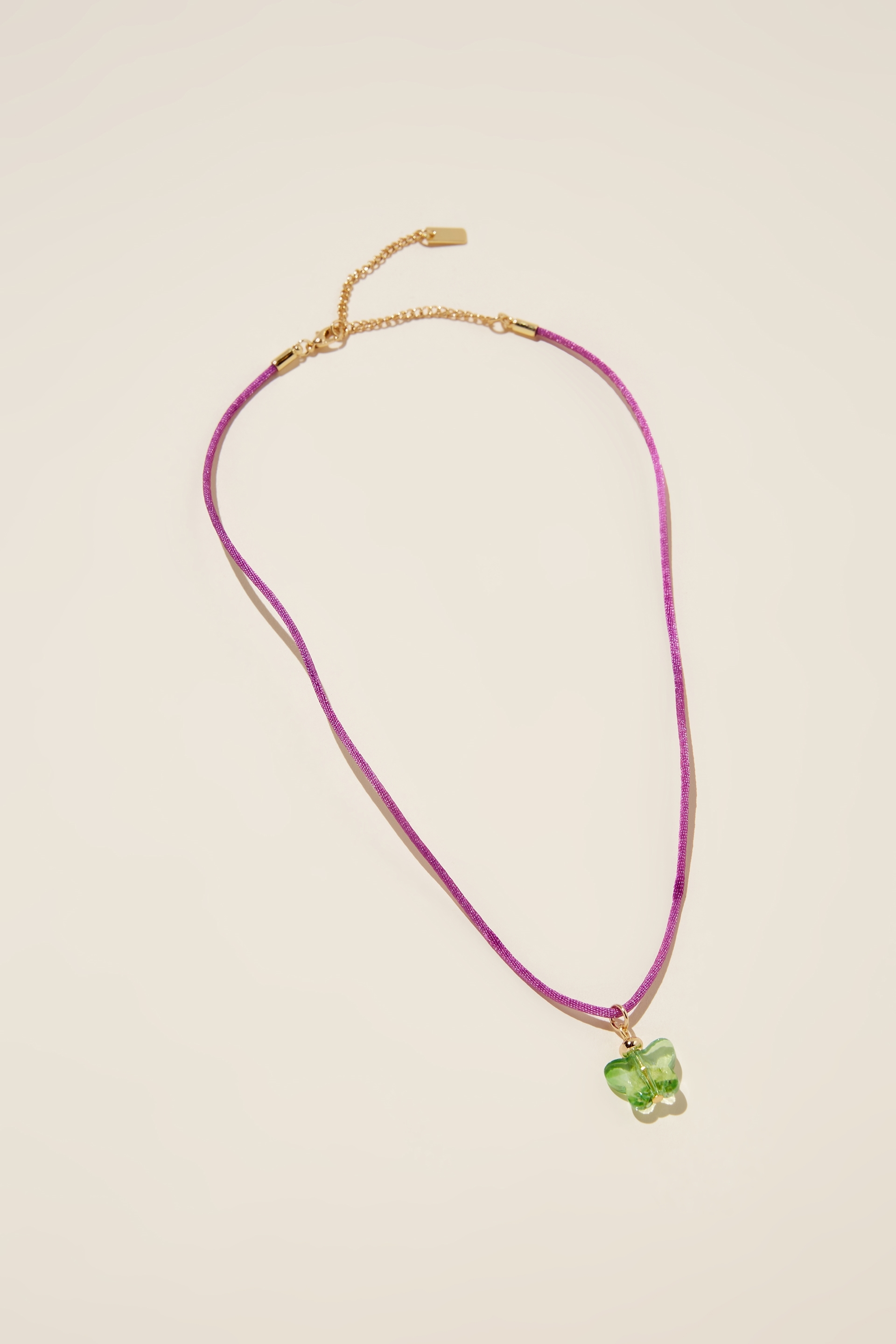Rubi - Cord Pendant Necklace - Gold plated purple green butterfly