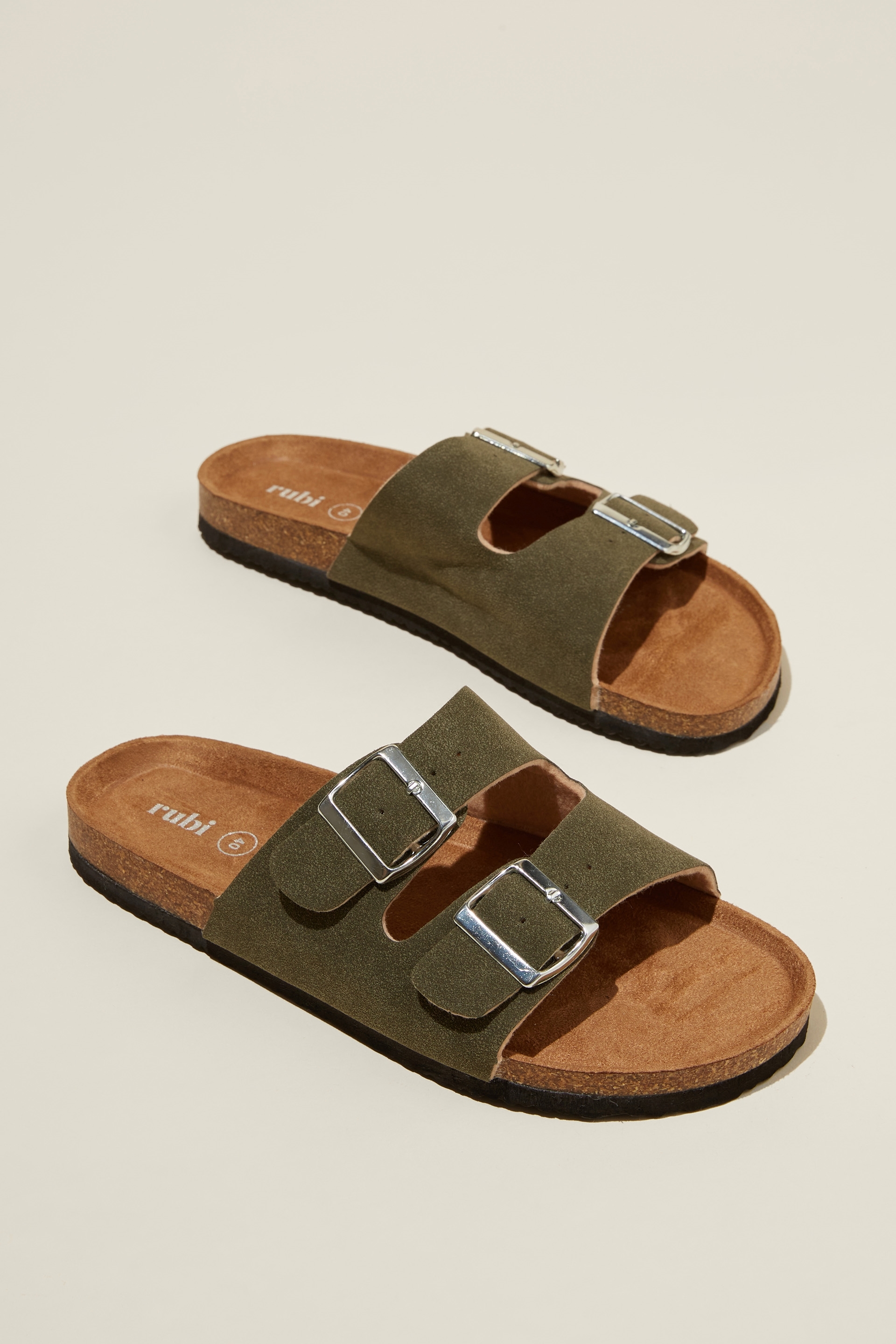 Leather Dual-Buckle Slide Sandals