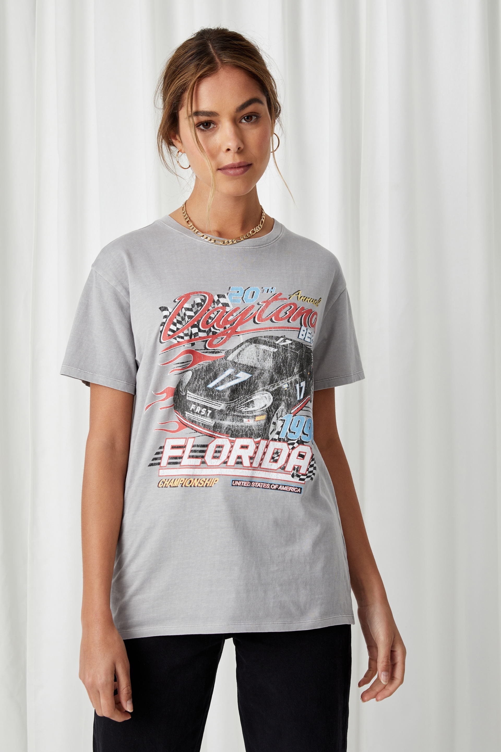 Supré - Daytona Racer Longline T Shirt - Vintage wash pearl grey/daytona racer