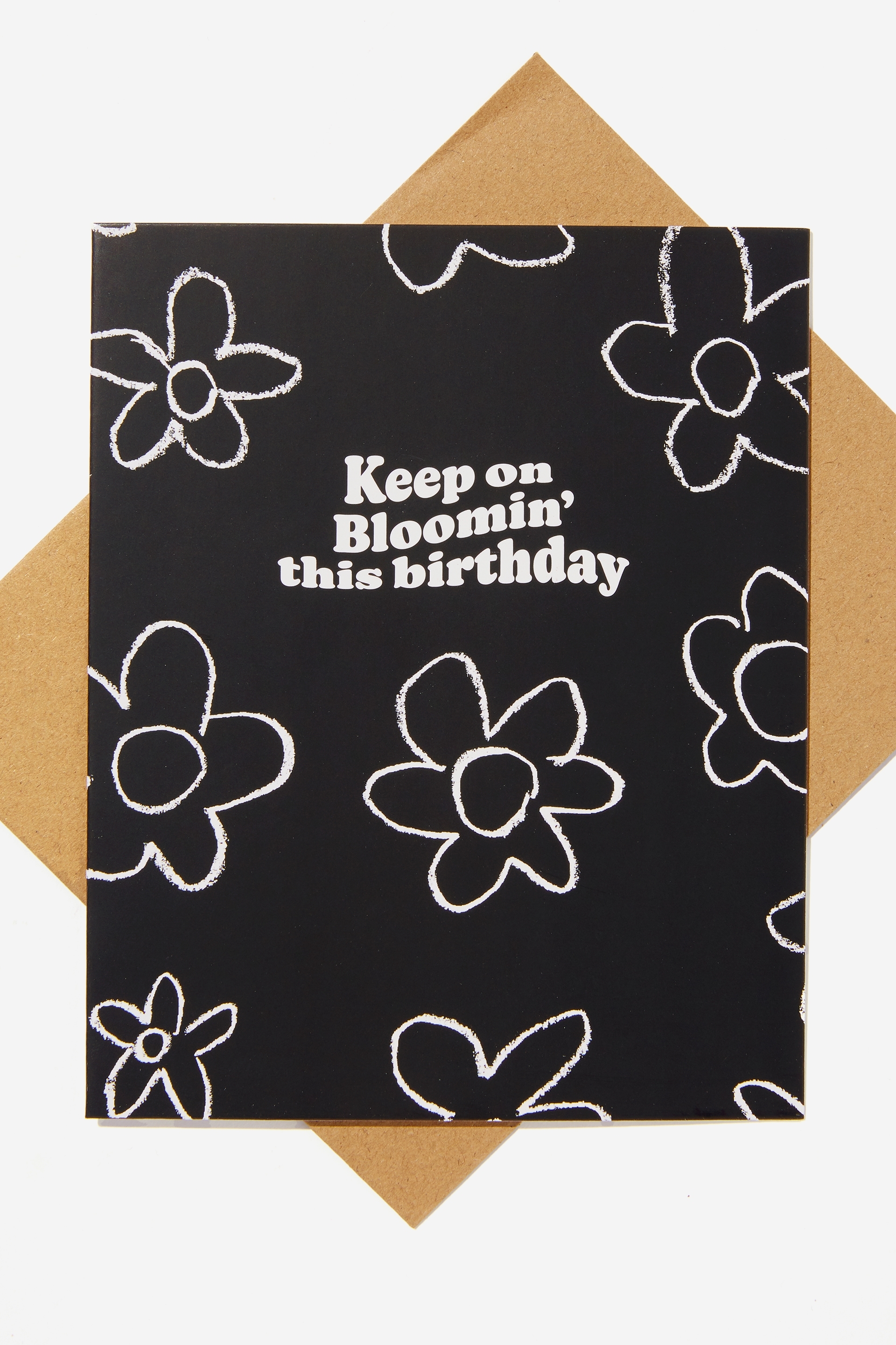 Typo - Nice Birthday Card - Black keyline floral happy birthday
