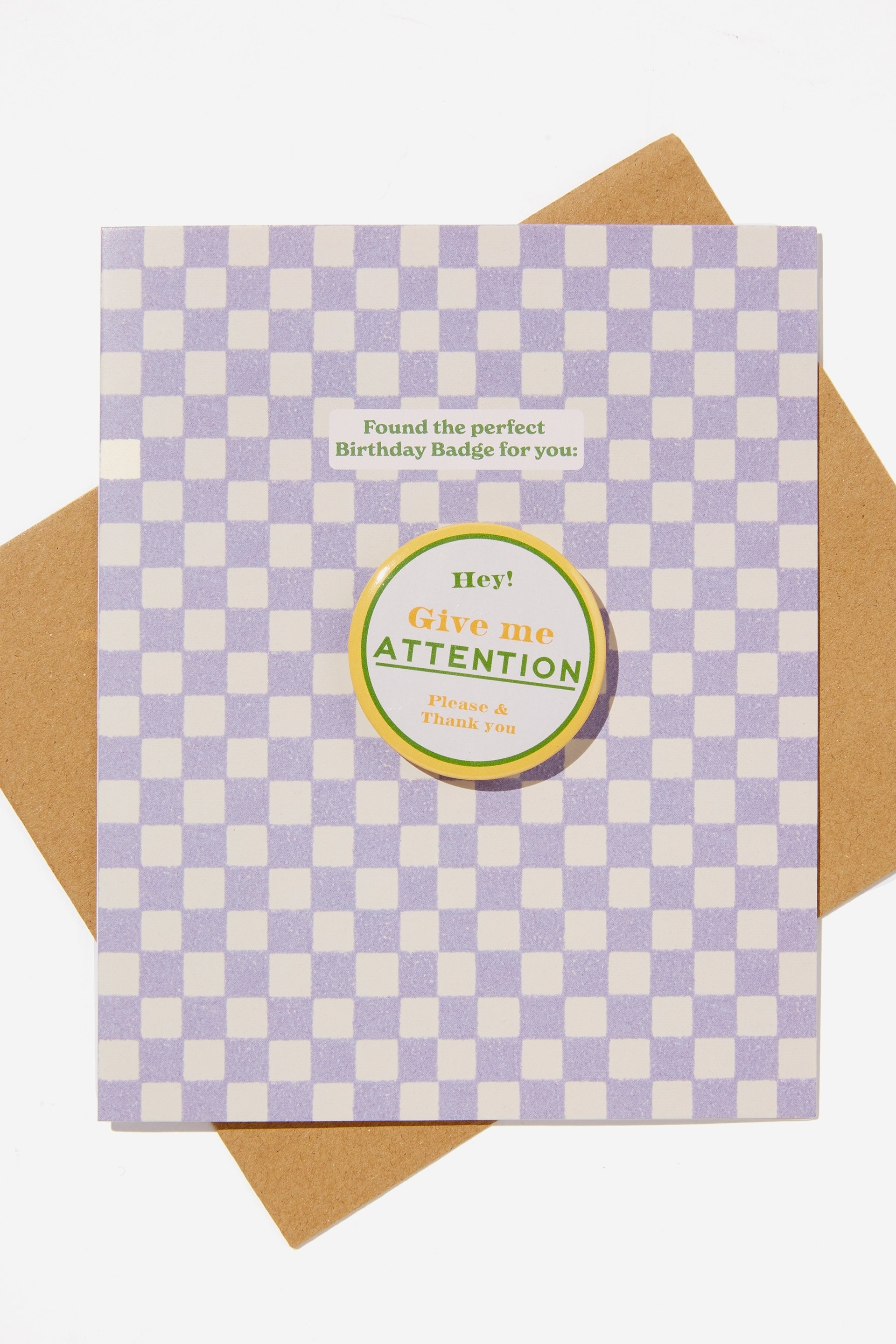 Typo - Premium Badge Card - Hey give me attention checkerboard