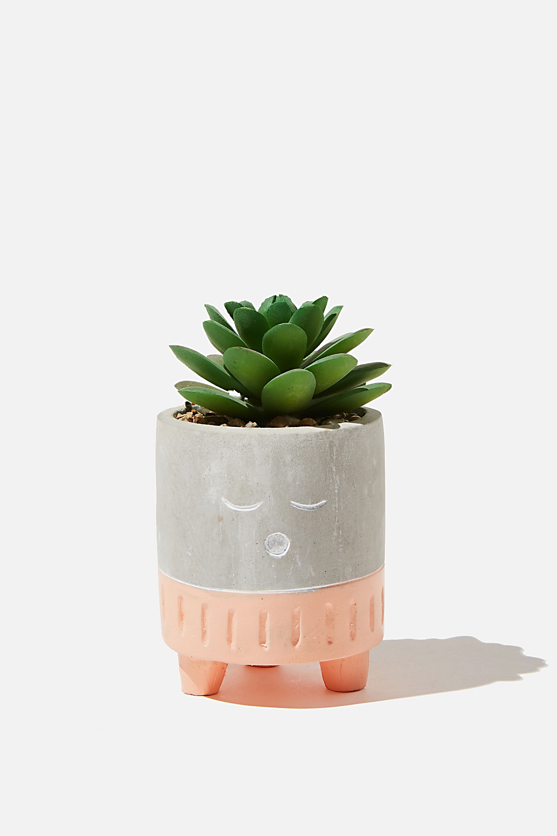 Typo - Tiny Planter With Plant - Cement & peach sleepy face