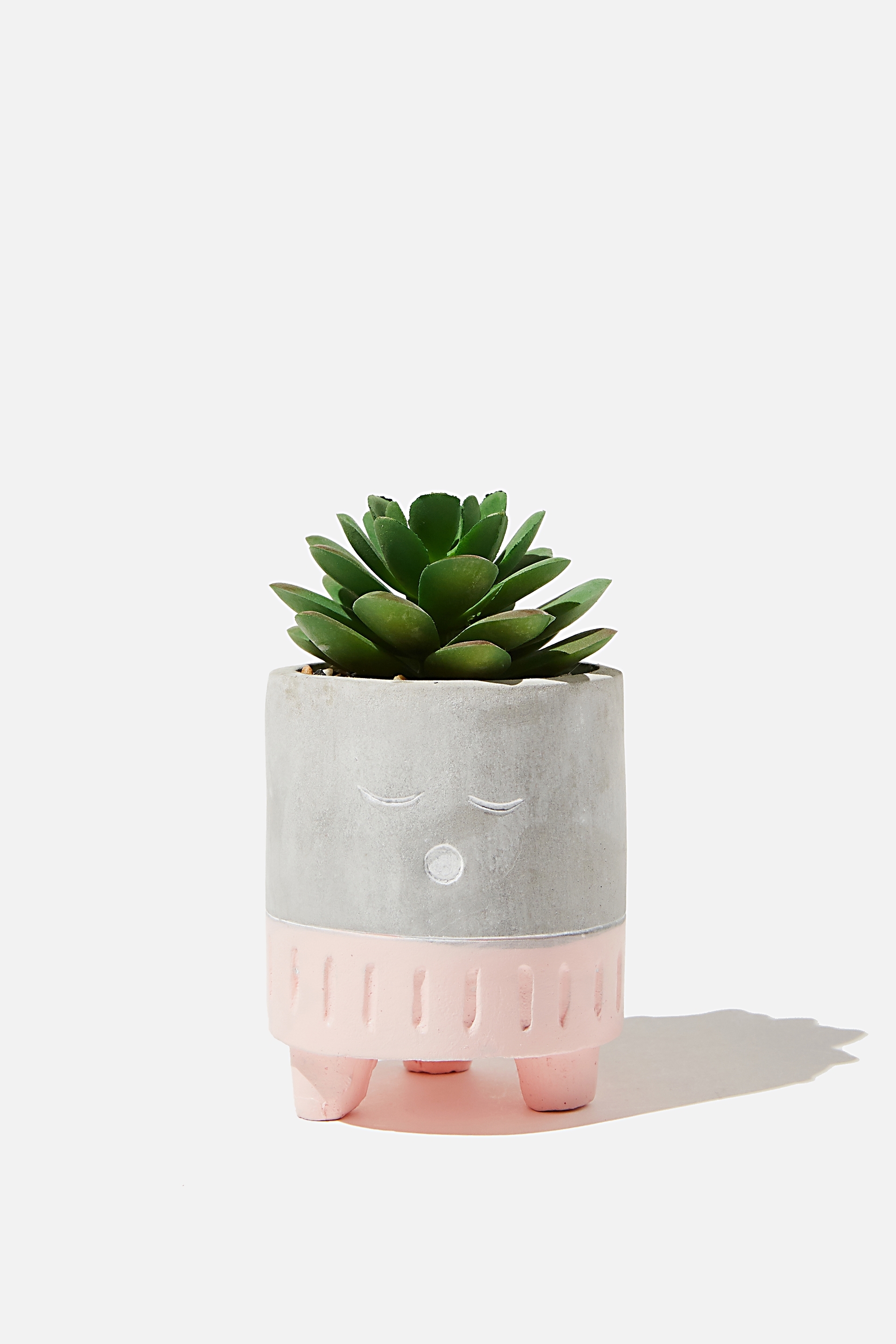 Typo - Tiny Planter With Plant - Cement & pale pink sleepy face